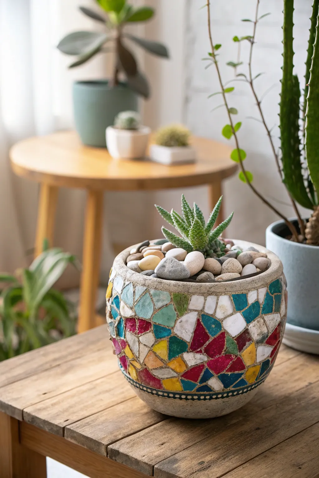 Transform broken pottery into a vibrant masterpiece with a colorful pebble mosaic.