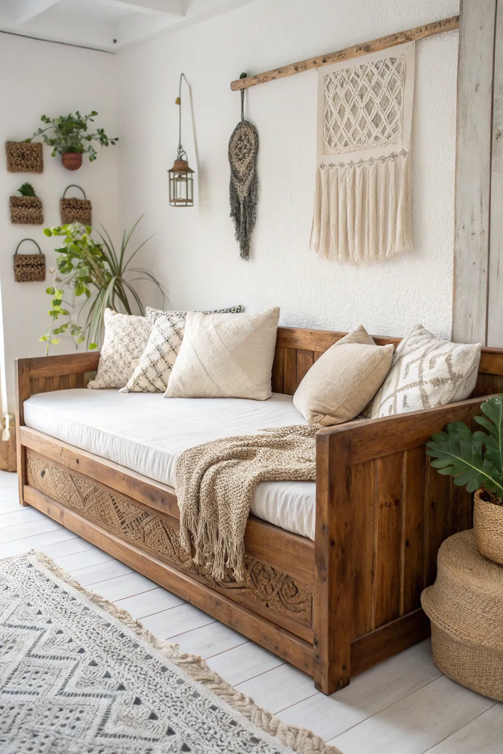 Embrace the warmth of natural wood with this serene Scandinavian daybed design.