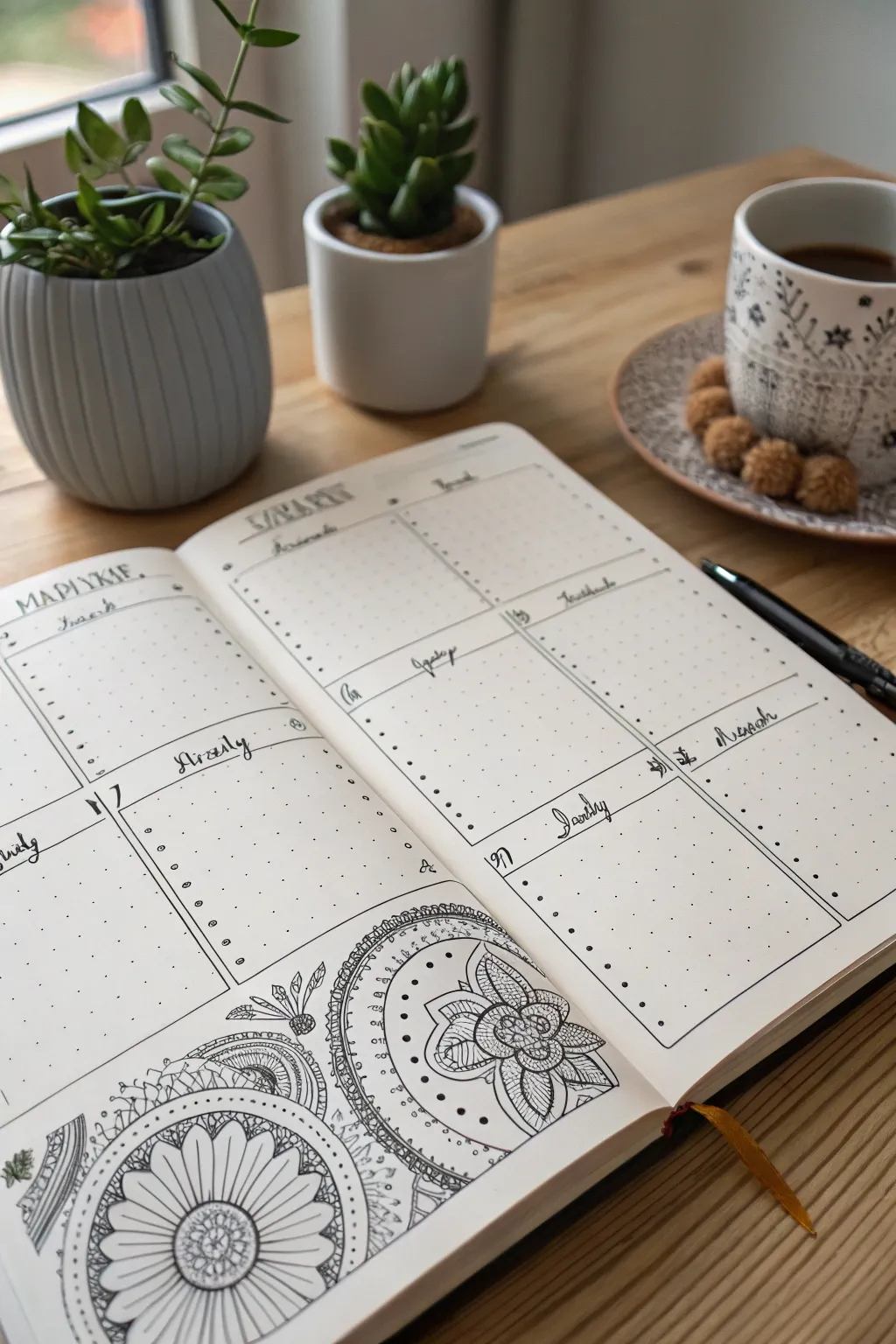 Discover the beauty of intricate patterns in your bullet journal calendar, where artistry meets organization.