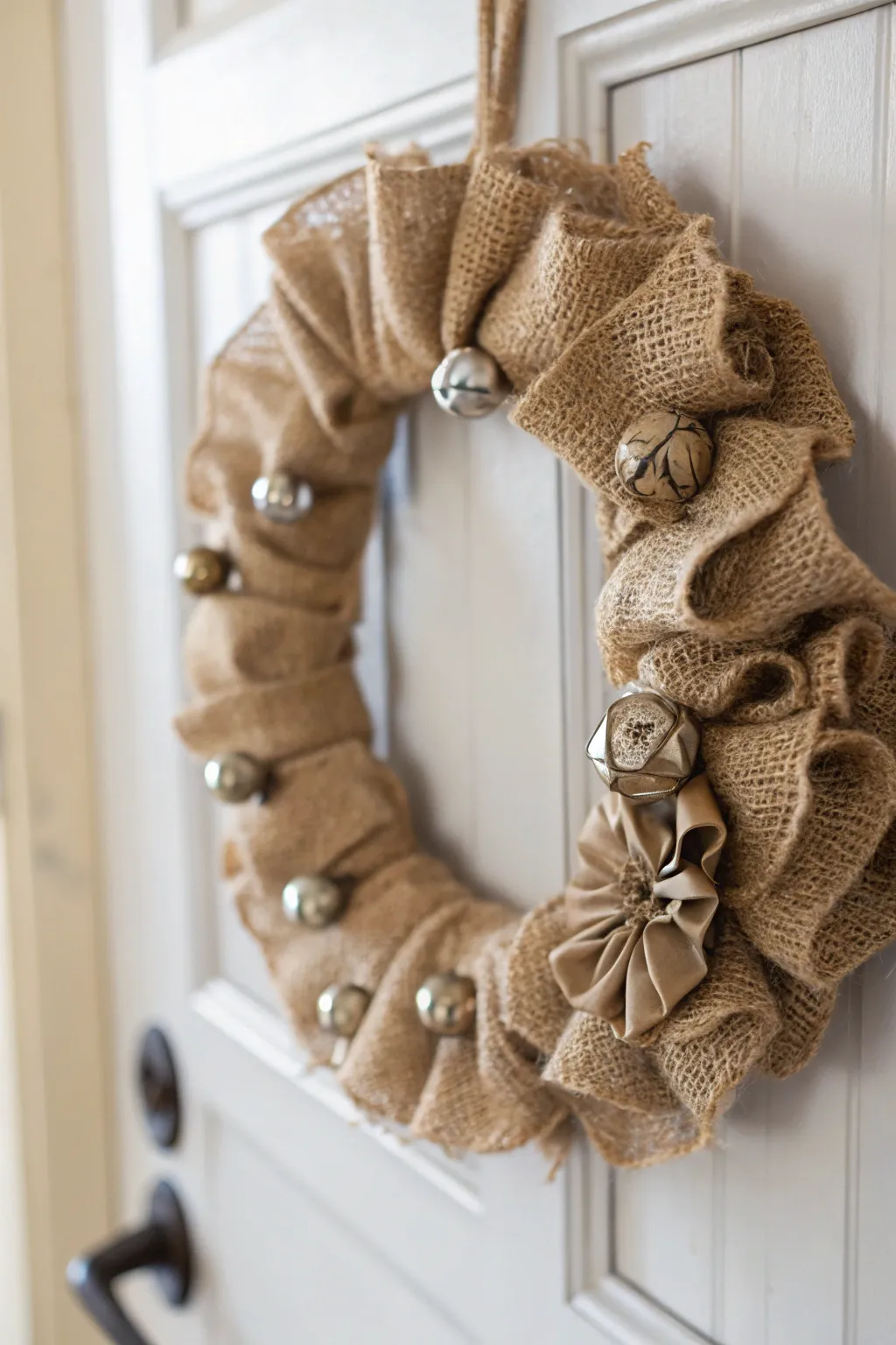Embrace rustic elegance this holiday season with a burlap wreath adorned with charming jingle bells.