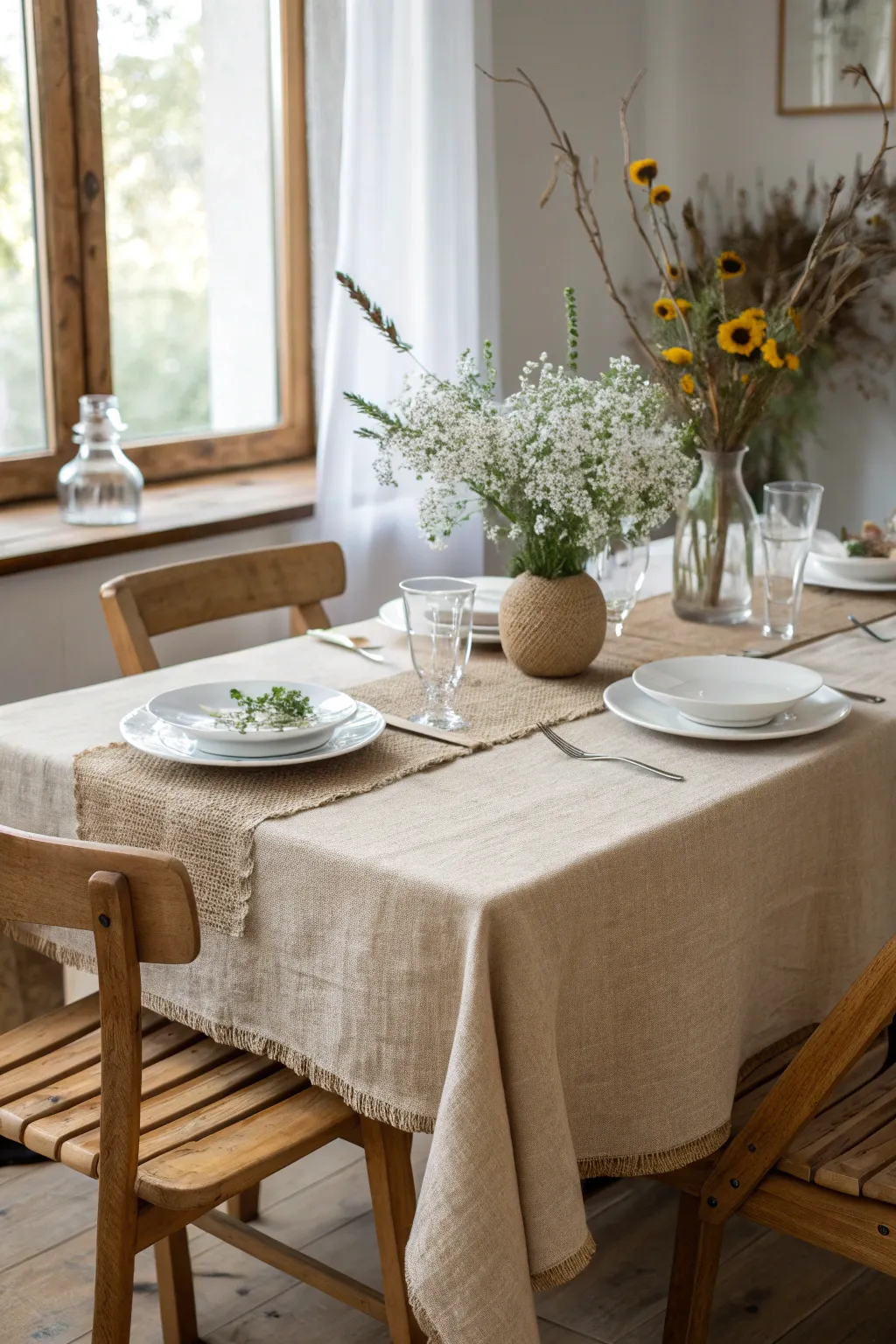 Transform your dining space with the timeless elegance of burlap and rustic wood accents. #FarmhouseChic #MinimalistBoho