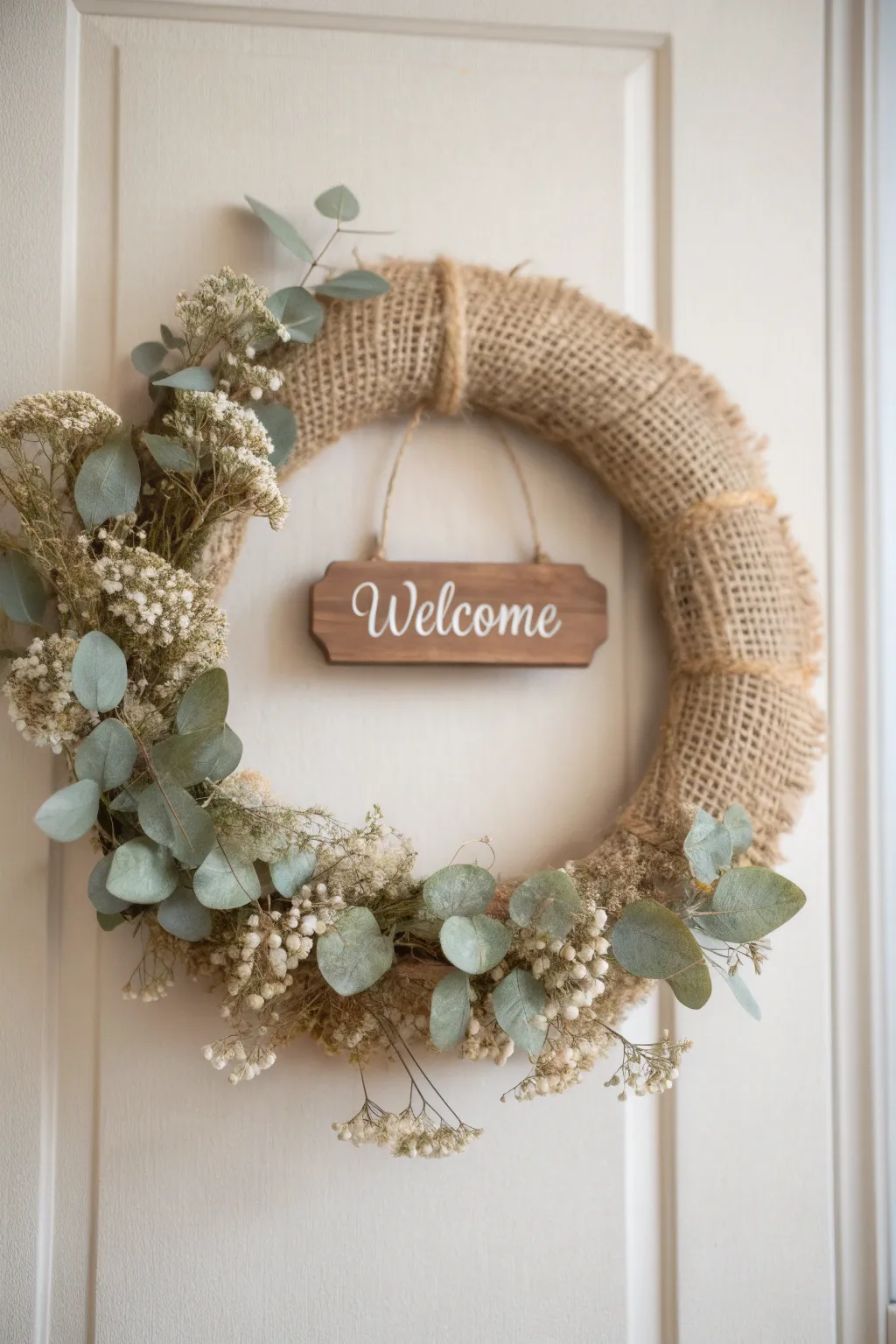 Welcome home with a touch of artisanal elegance – a personalized burlap wreath for your cozy sanctuary.