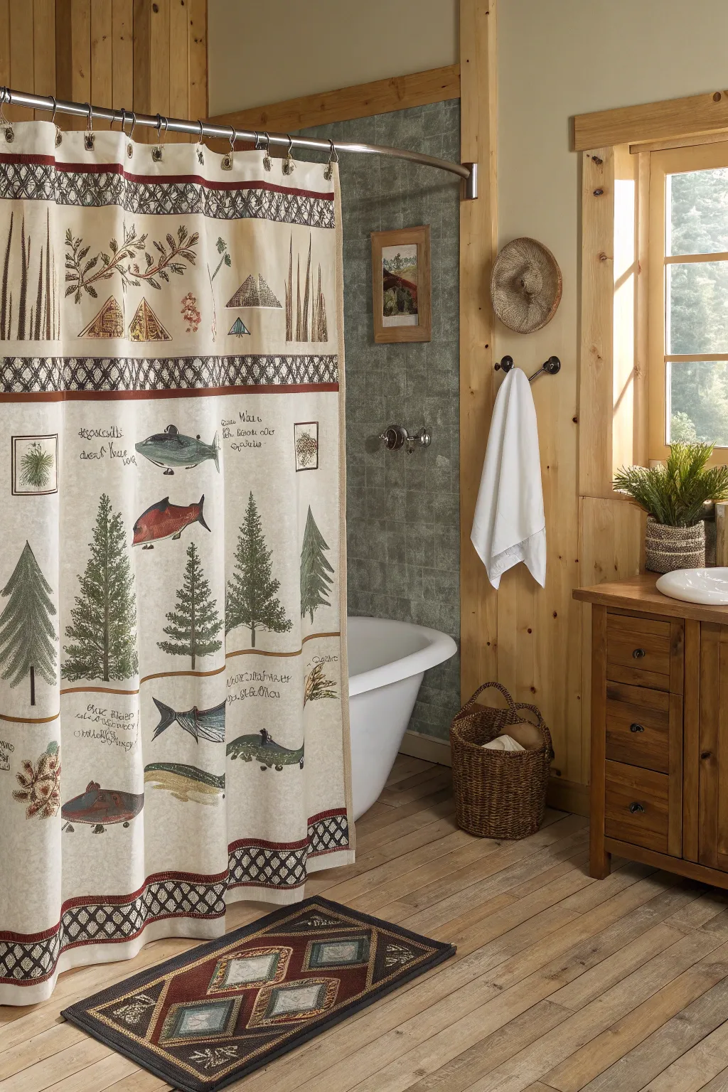 A fishing lodge themed shower curtain, perfect for angling enthusiasts.