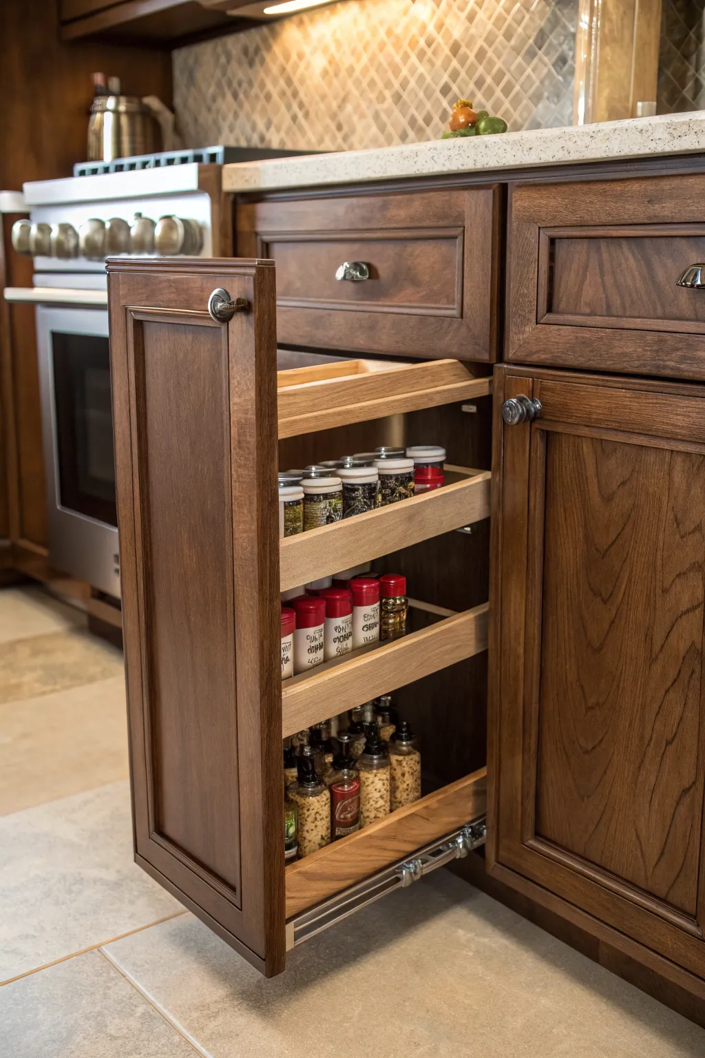 Unlock the magic of your kitchen with this sophisticated hidden spice rack—where craftsmanship meets innovation!