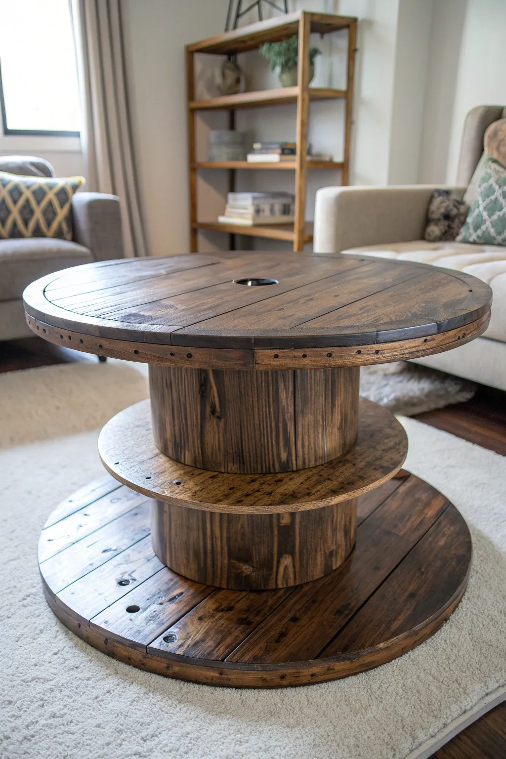 Elevate your living space with a handcrafted double decker cable spool table—where style meets functionality.