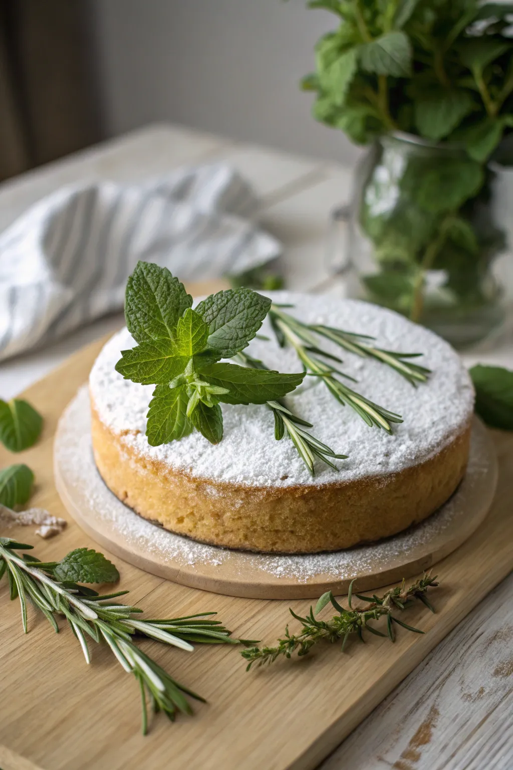 Elevate your cake presentation with fresh herbs for a fragrant, sophisticated touch.