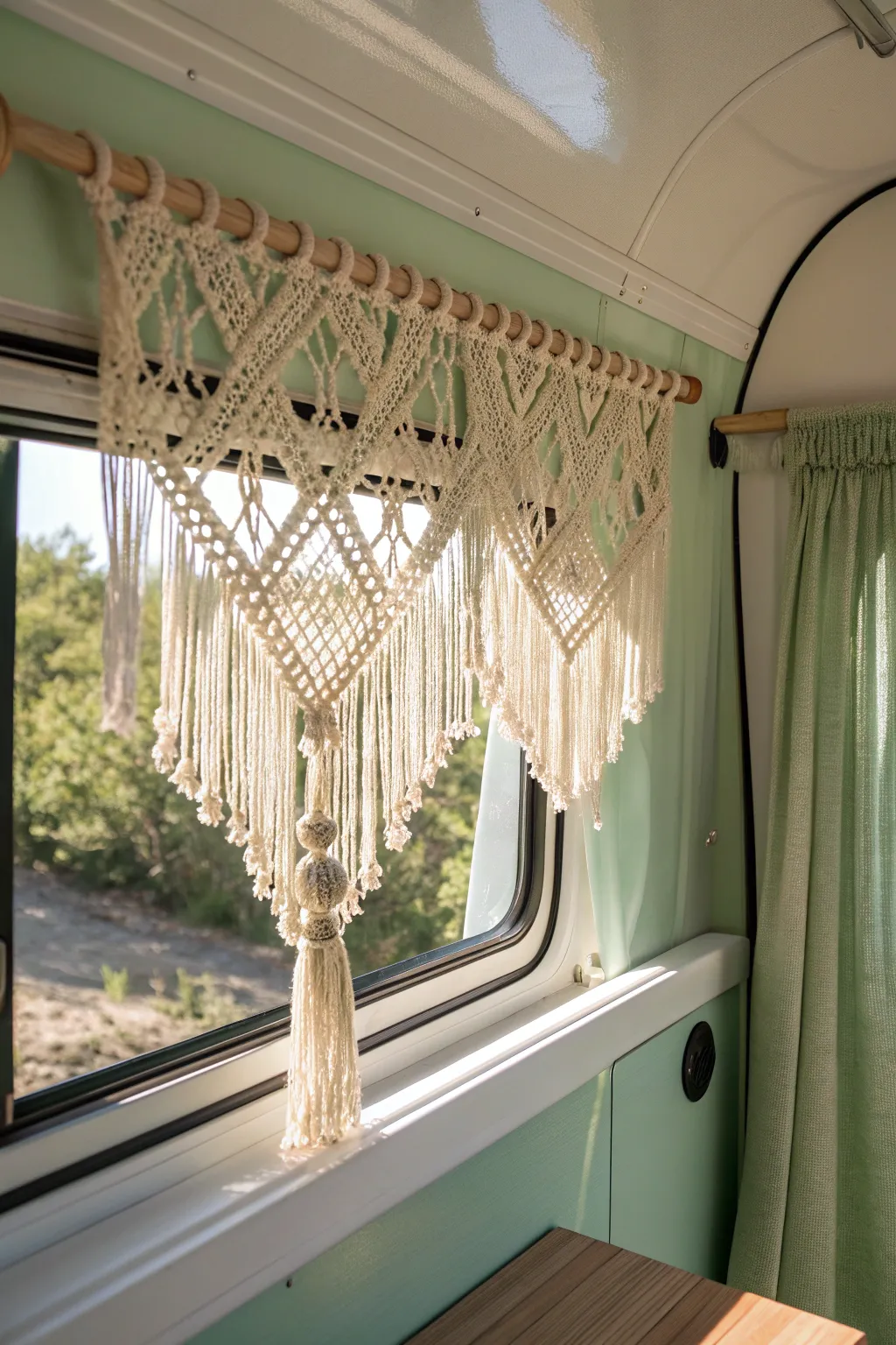 Transform your camper with a touch of bohemian elegance: a handcrafted macramé curtain that brings warmth and texture to your travels.