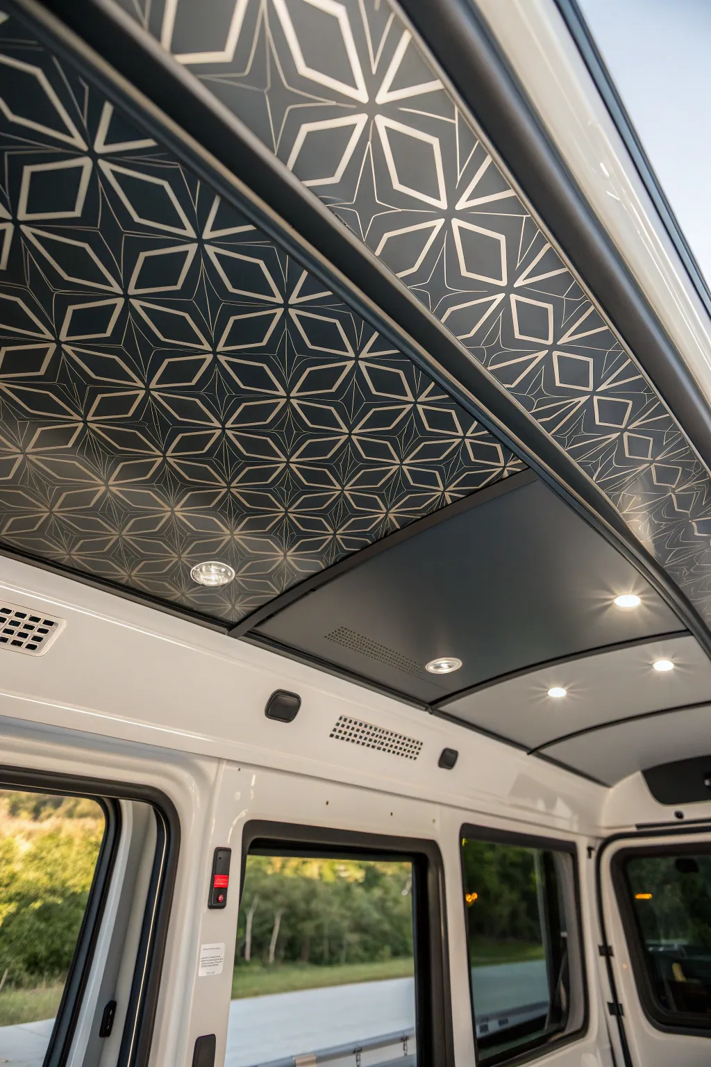 Elevate your campervan's interior with a stylish vinyl wrap ceiling—modern design meets impeccable craftsmanship.