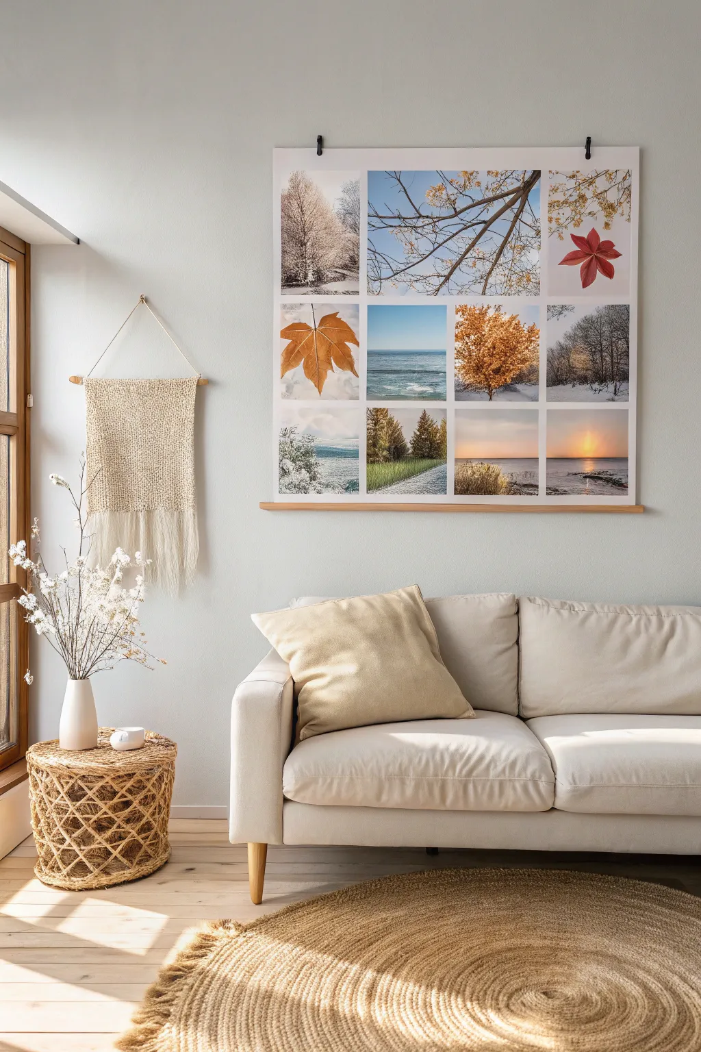Transform your space with a seasonal canvas collage that brings the beauty of each season indoors, effortlessly blending Scandinavian minimalism with Boho charm.