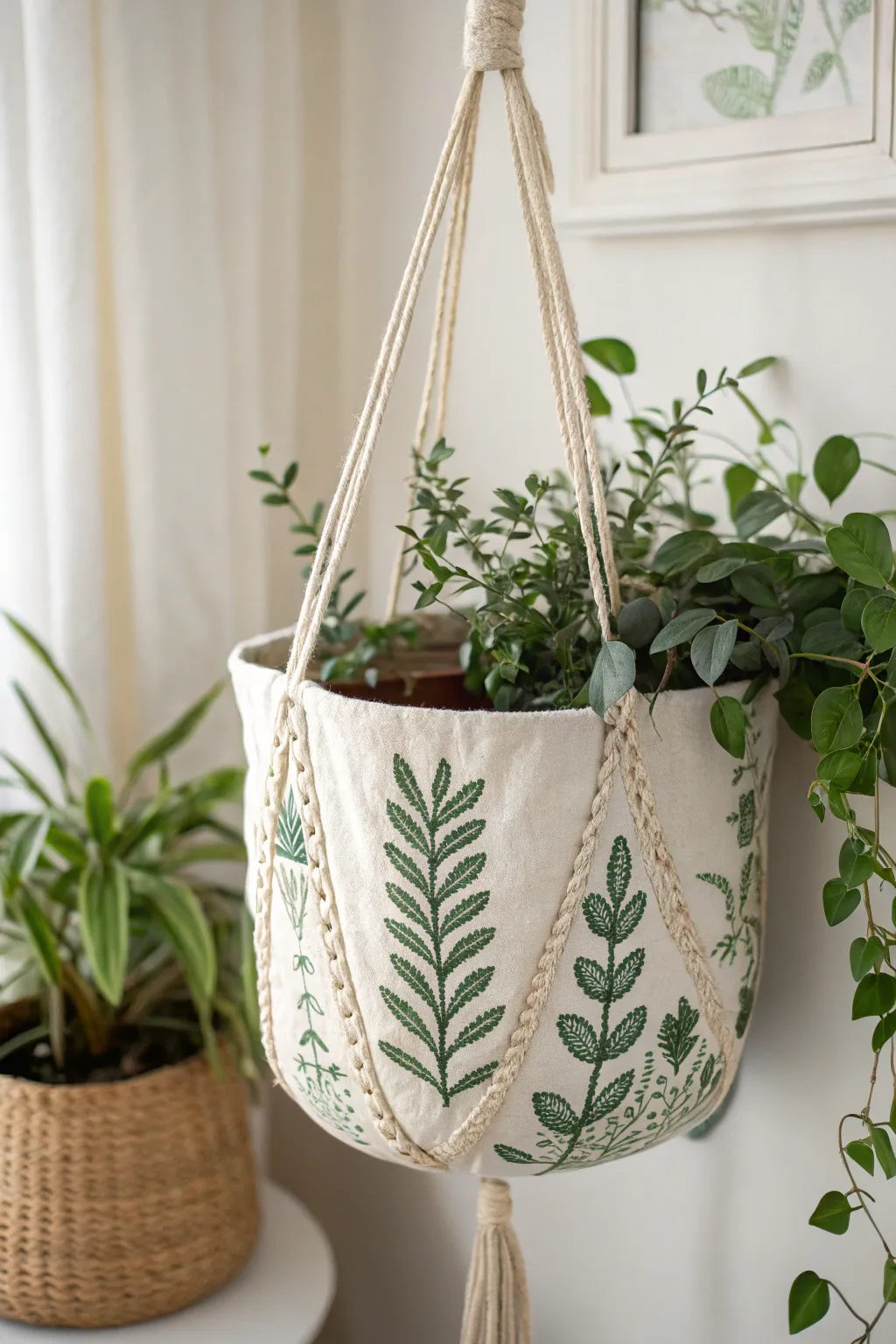 Elevate your space with a touch of nature—discover the art of embroidered hanging planters.