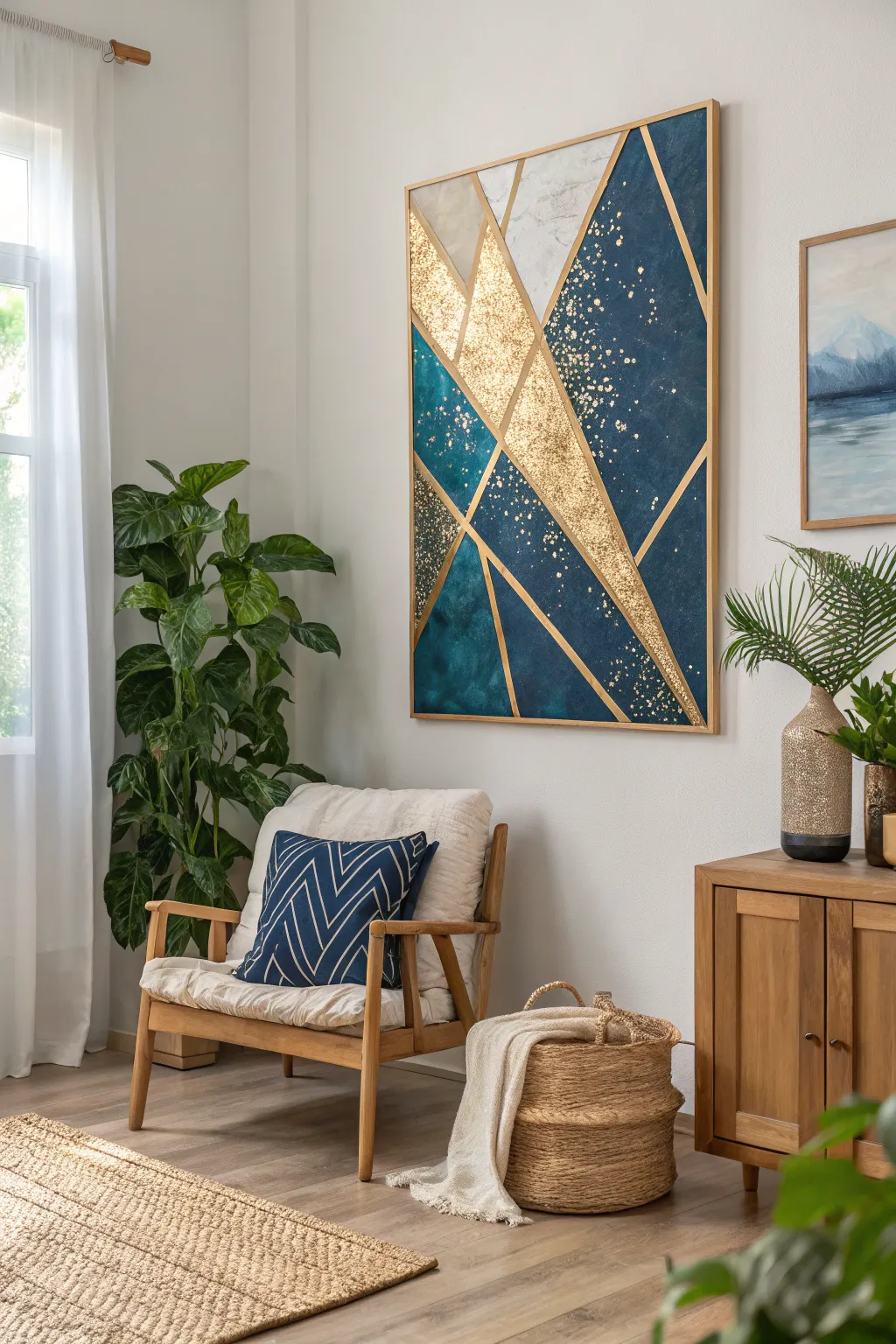 Transform your space with the regal allure of blue and gold glitter art.