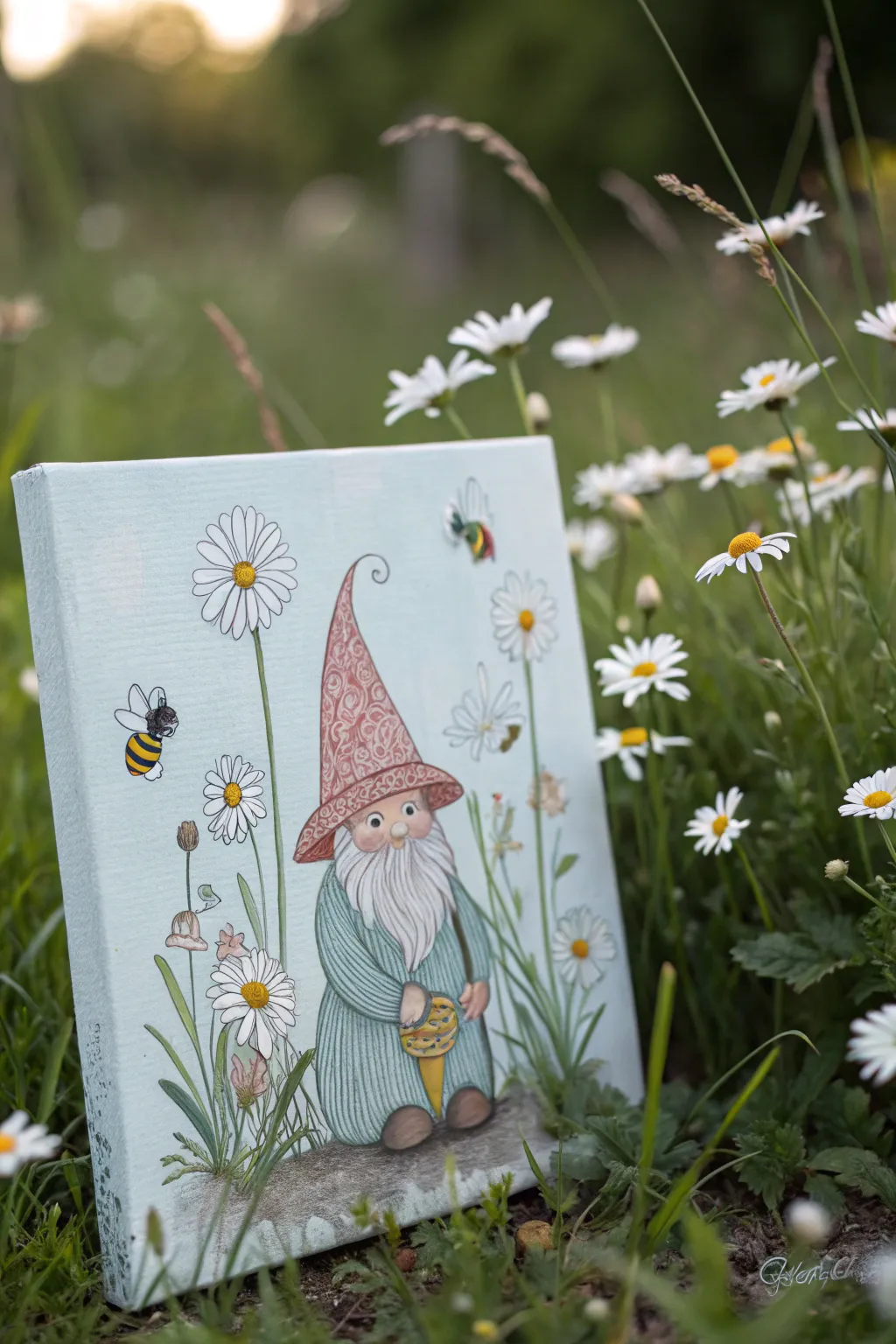 Invite magic into your home with this enchanting gnome garden painting, where simplicity meets whimsy.