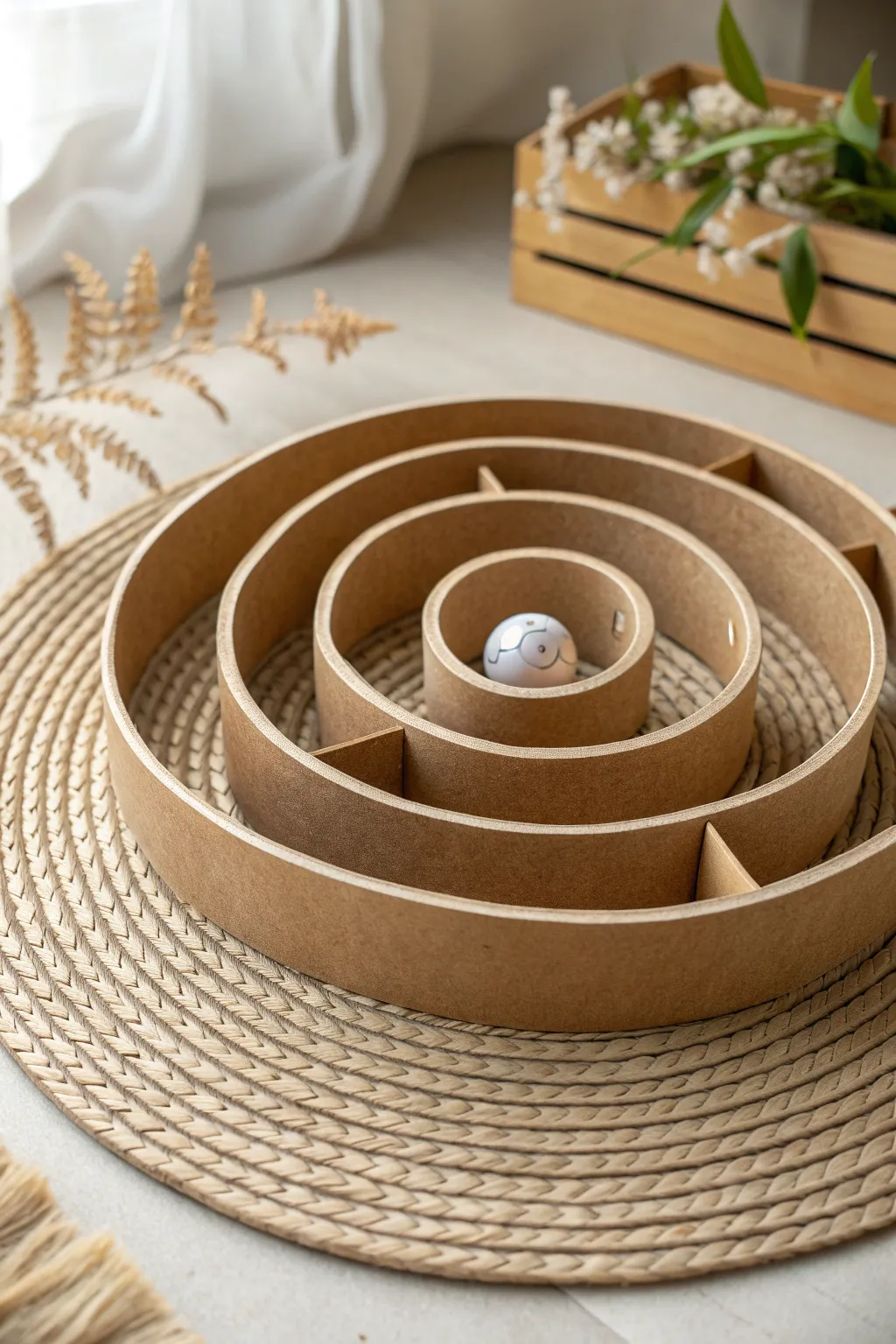 Get lost in the elegance of this spiral cardboard marble maze, where simplicity meets playful charm.