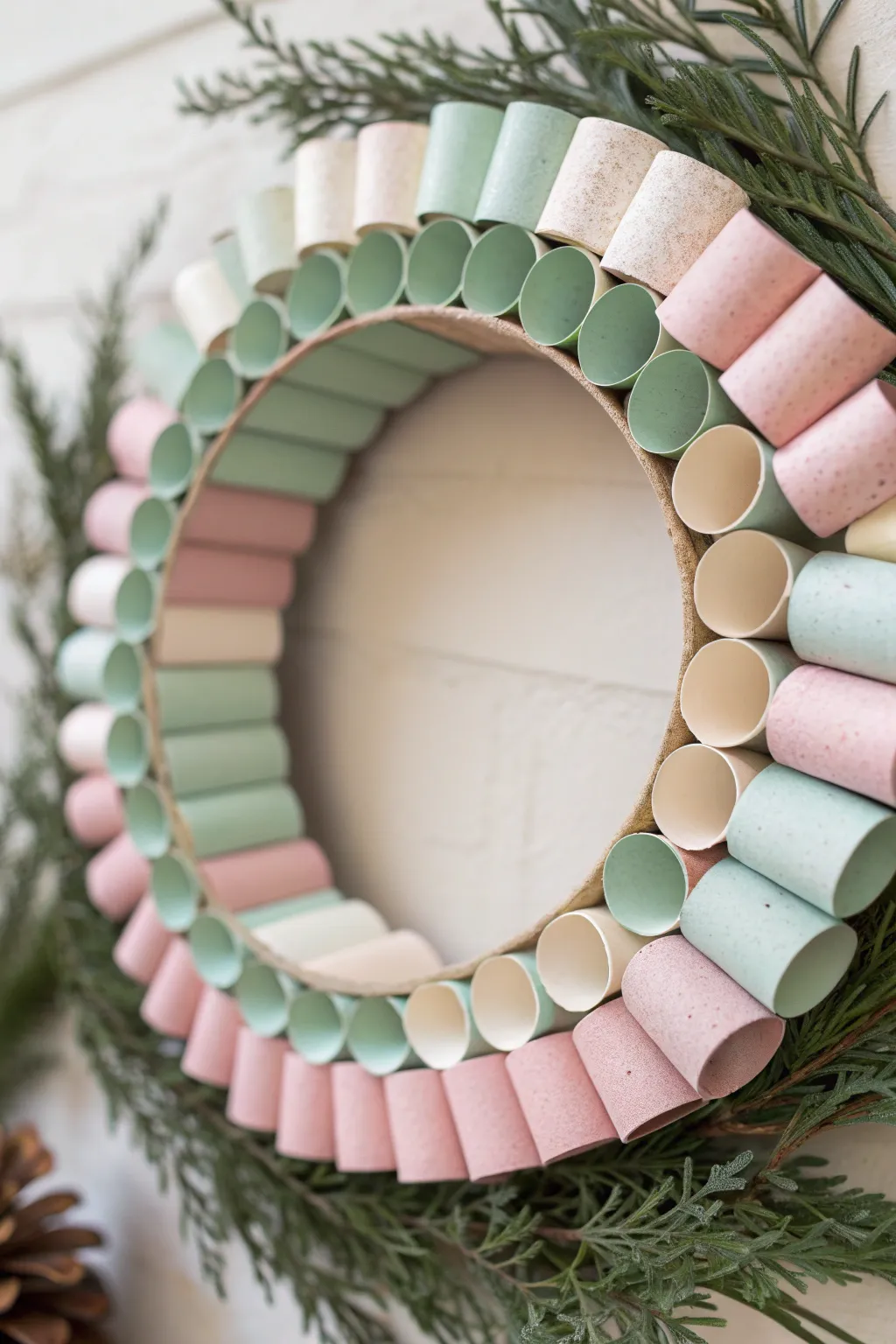 Embrace simplicity and creativity with this stunning cardboard tube wreath, perfect for adding a handcrafted touch to your decor.