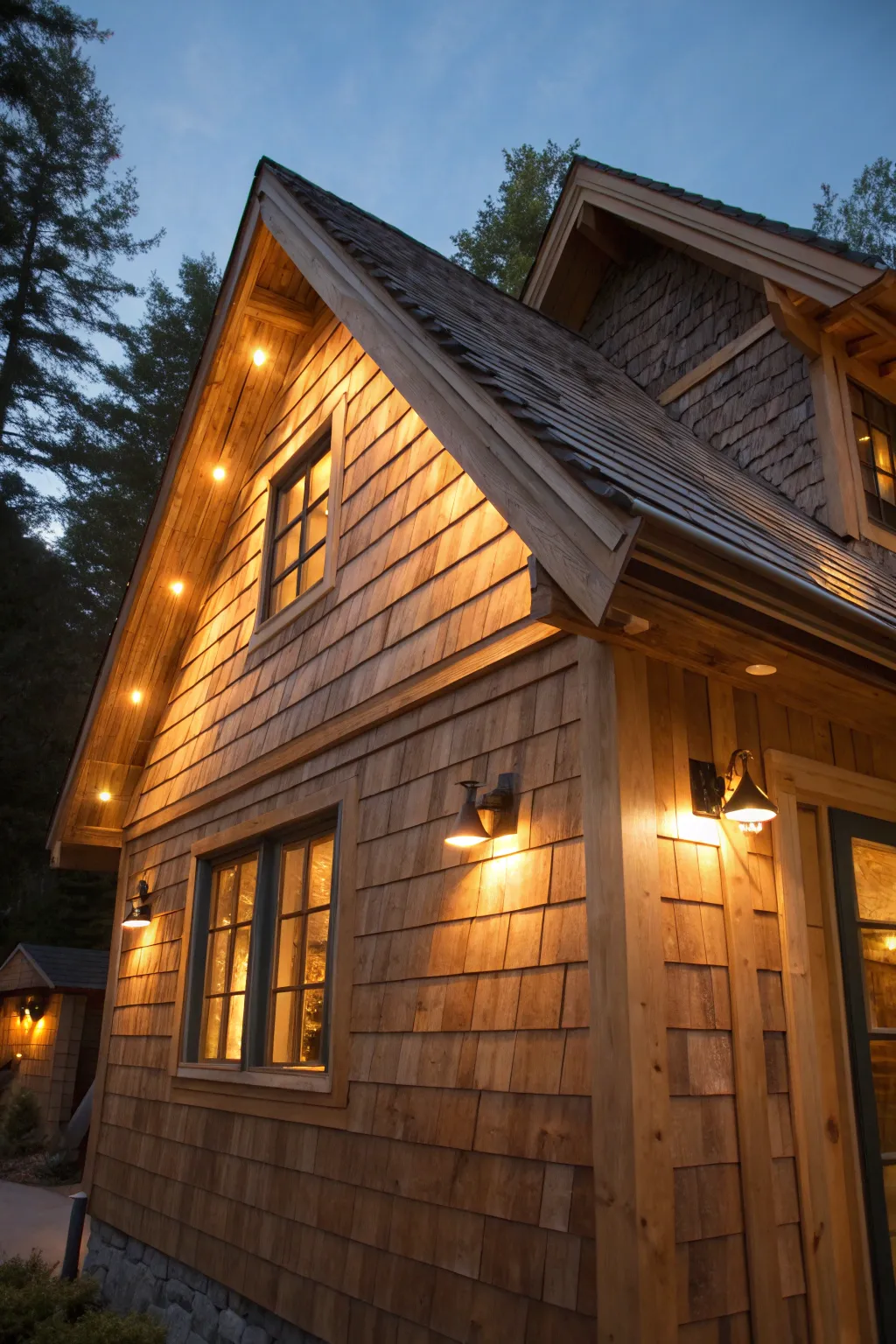 Illuminate your evenings with enchanting solar lighting on cedar-shake gables, blending craftsmanship with a magical glow.