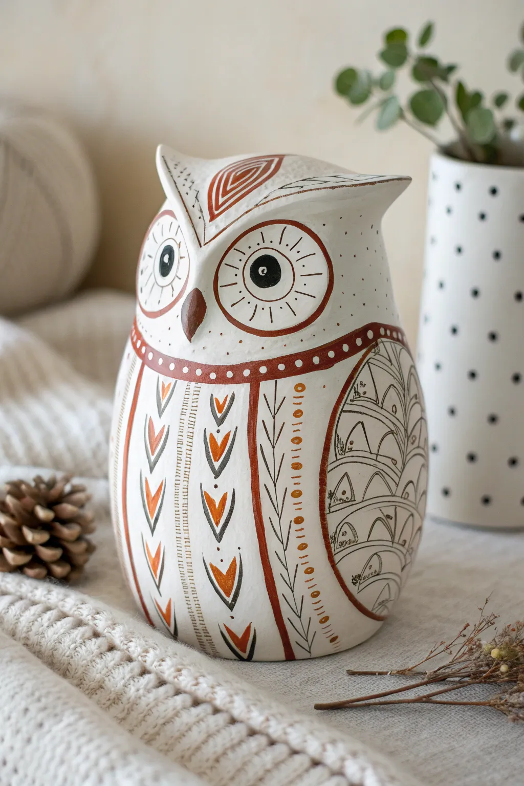 Embrace rustic charm with folk art-inspired ceramic owl designs.