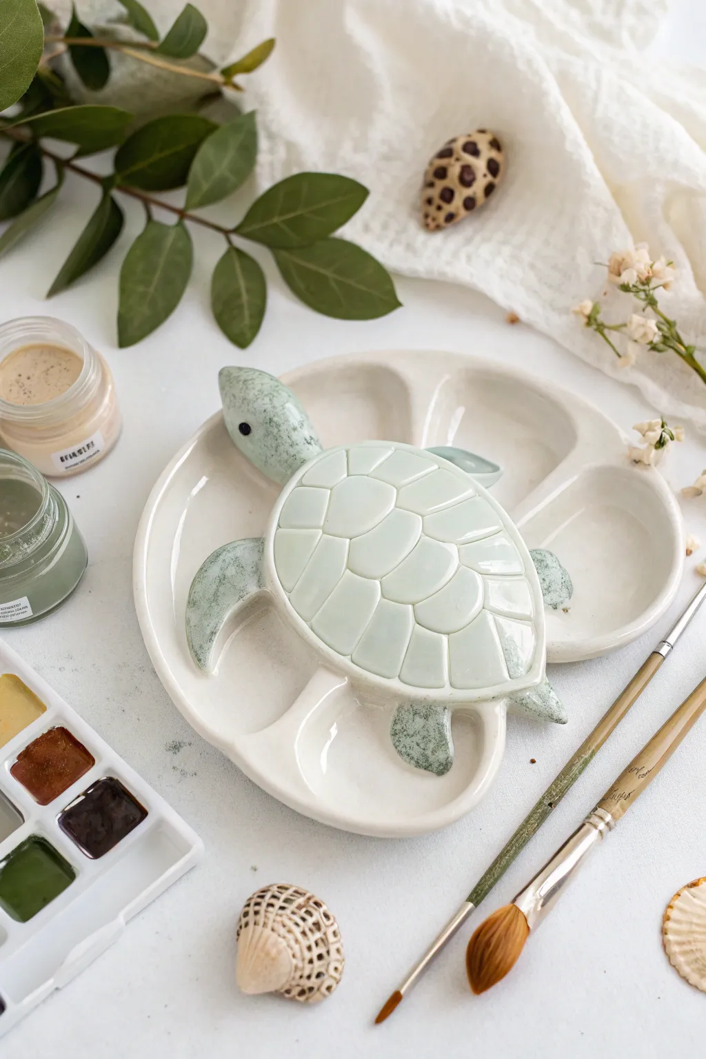 Add a touch of whimsy to your art space with this turtle-shaped ceramic palette, where simplicity meets playful elegance.