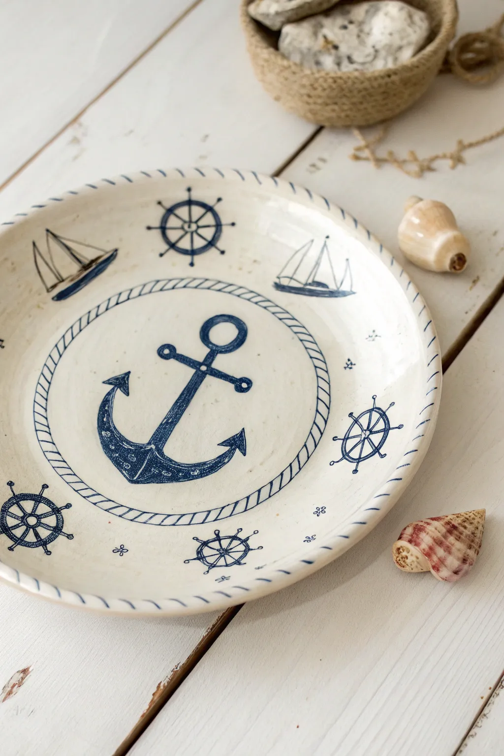 Sail away with coastal charm: handcrafted ceramic plate with nautical elegance.