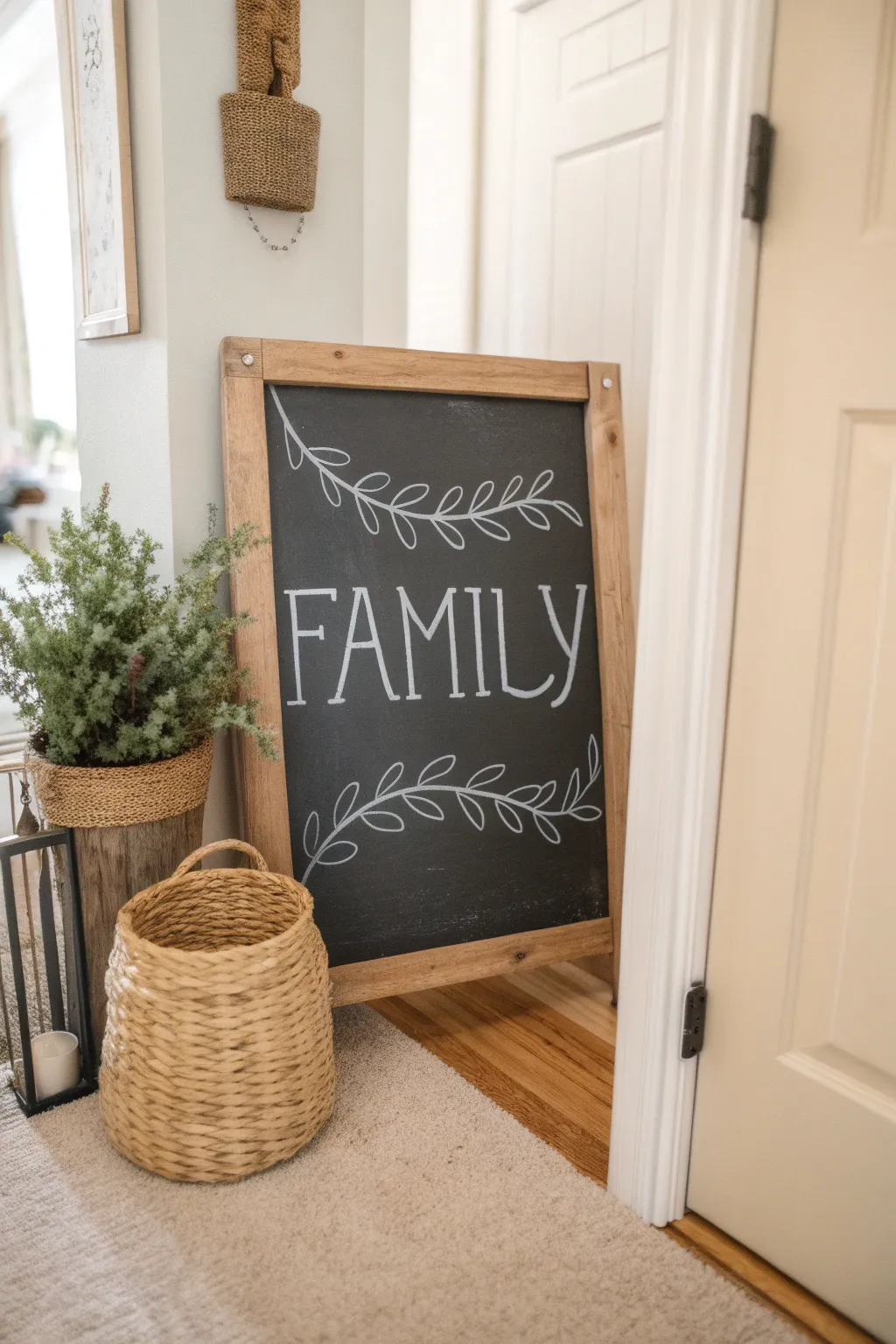 Welcome home with warmth and style: personalize your space with a charming chalkboard sign.