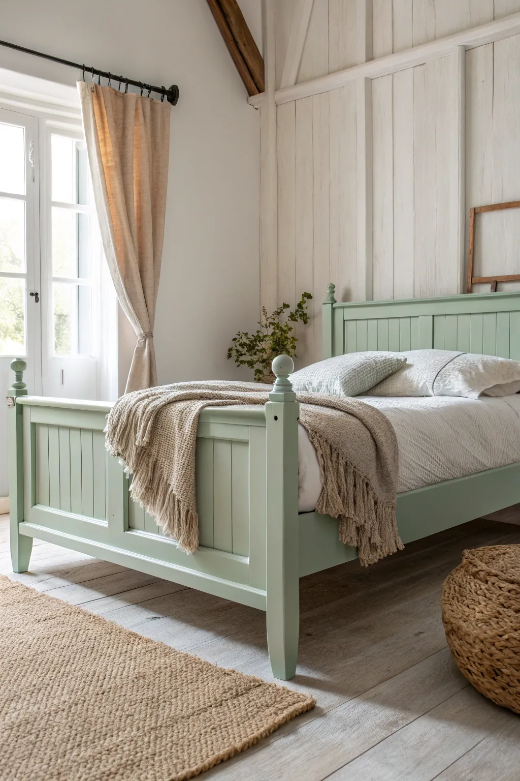 Transform your bedroom into a serene oasis with pastel green chalk paint — where minimalism meets boho charm.