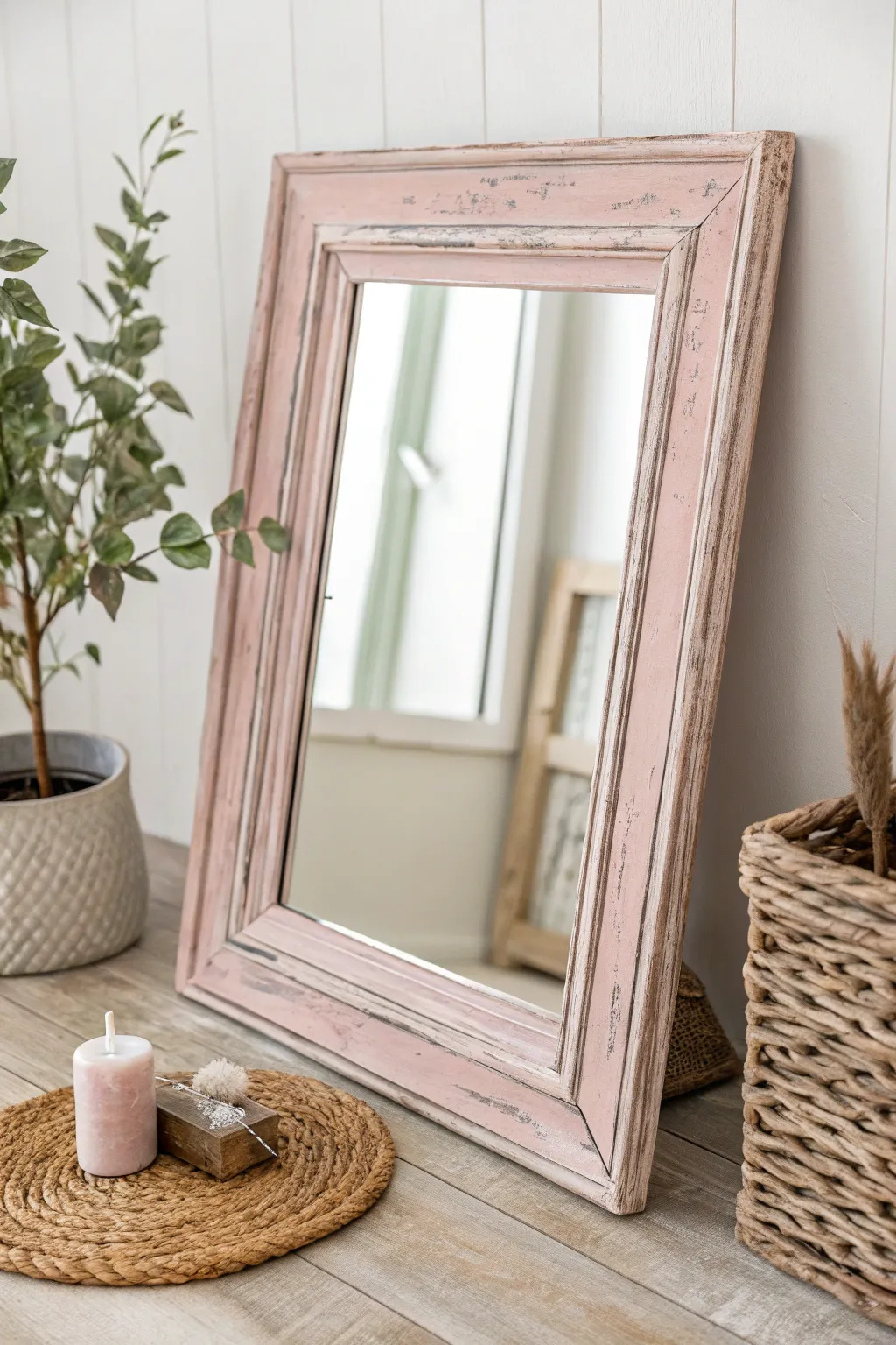 Transform your space with a pastel dream—a blush pink chalk-painted mirror frame that radiates warmth and elegance.