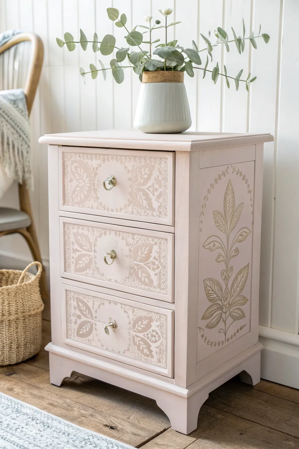 Elevate your nightstand with stenciled floral patterns for a touch of minimalist elegance.