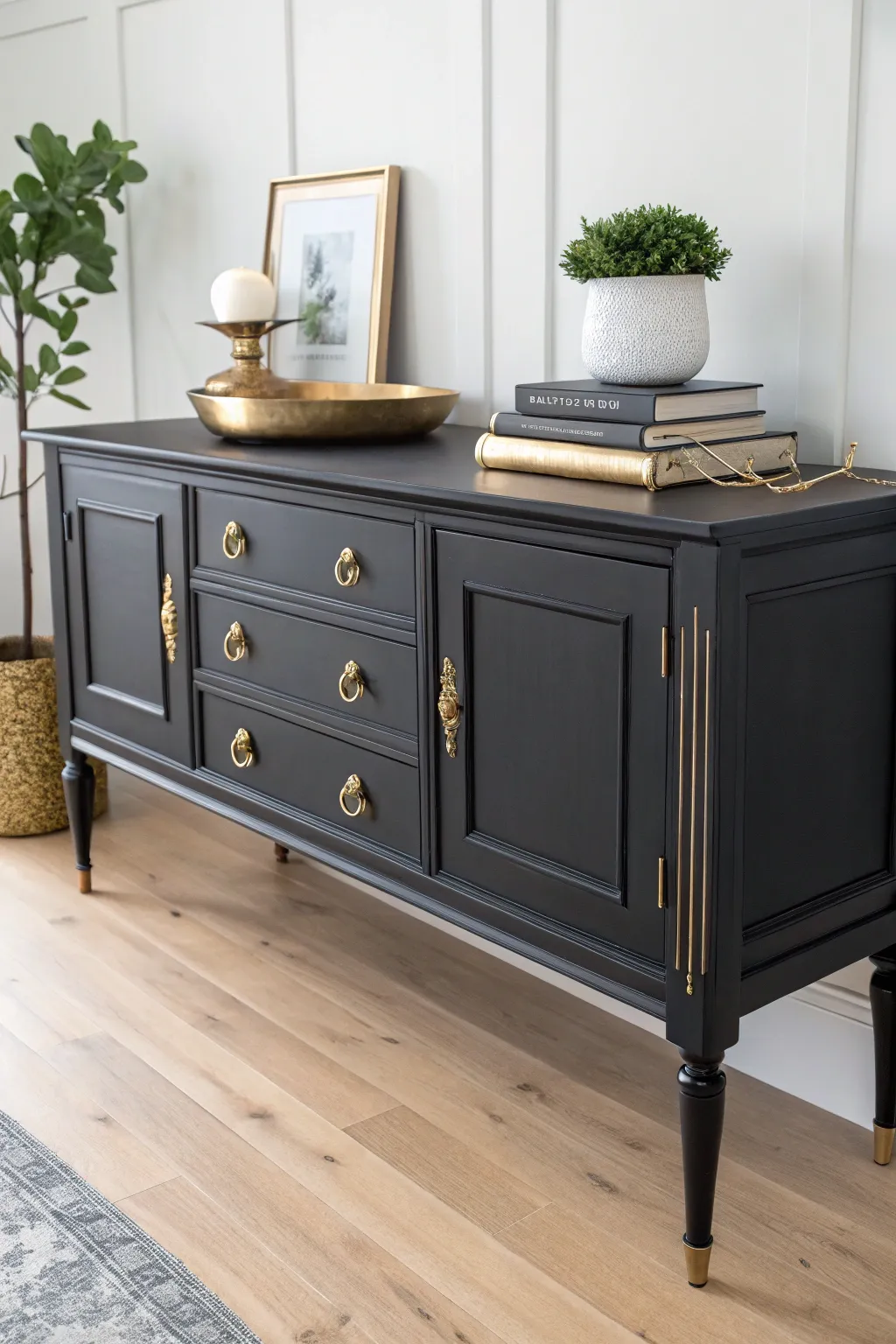 Elevate your space with a stunning black and gold buffet - where minimalism meets luxury.