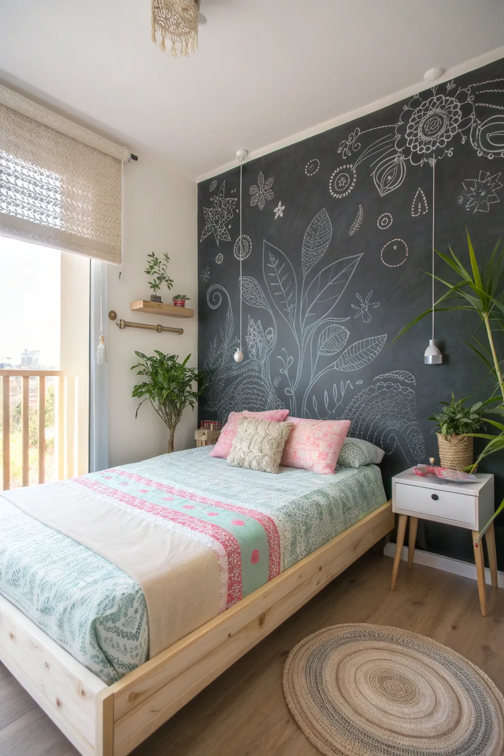 Transform your bedroom with a chic chalkboard accent wall that beautifully contrasts colorful bedding, embracing minimalist elegance with a boho twist.