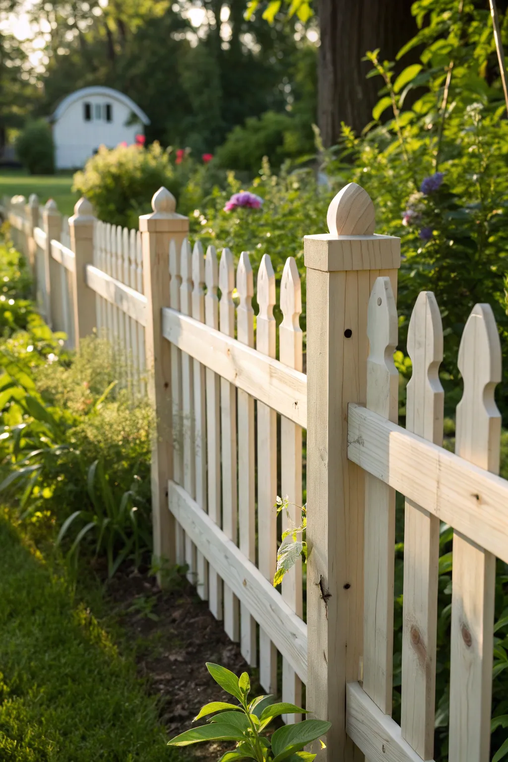 Elevate your garden with a whimsical, staggered picket fence – where craftsmanship meets creativity.