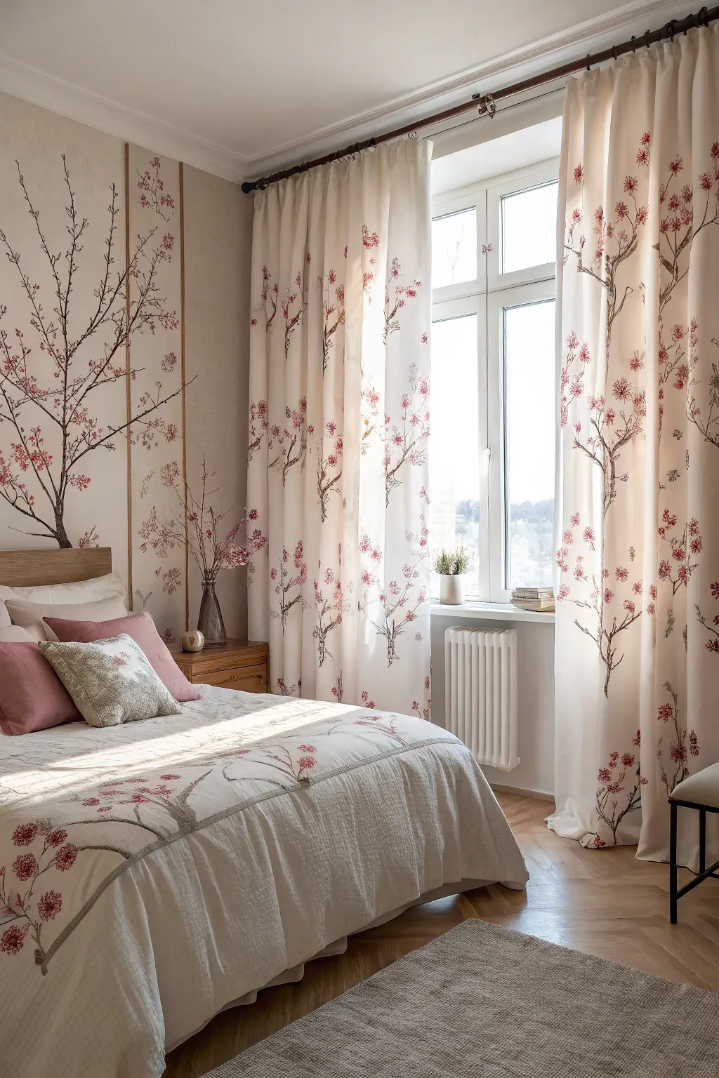 Cherry blossom curtains bring a soft touch of spring to this bedroom.