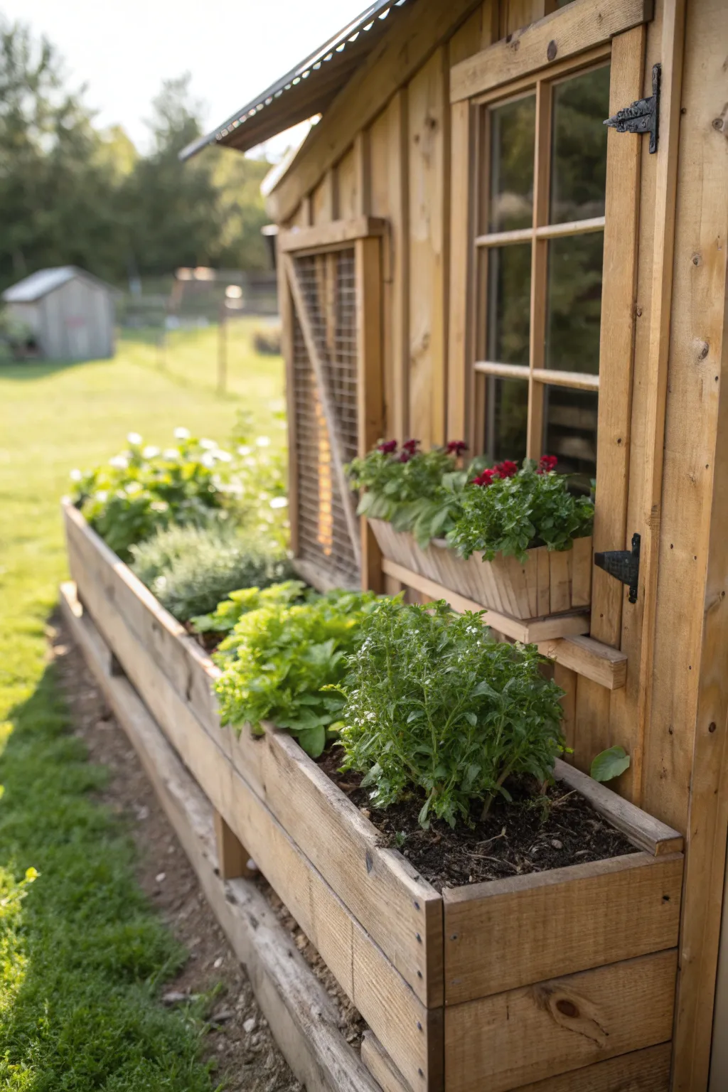 Elevate your chicken coop's charm with handcrafted planter box accents.