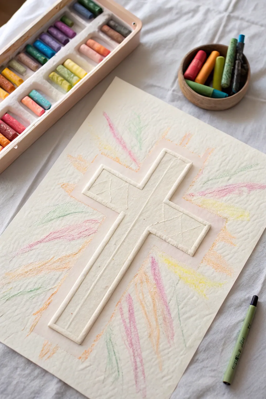 A touch of faith: Embrace simplicity and color with this crayon relief cross artwork.