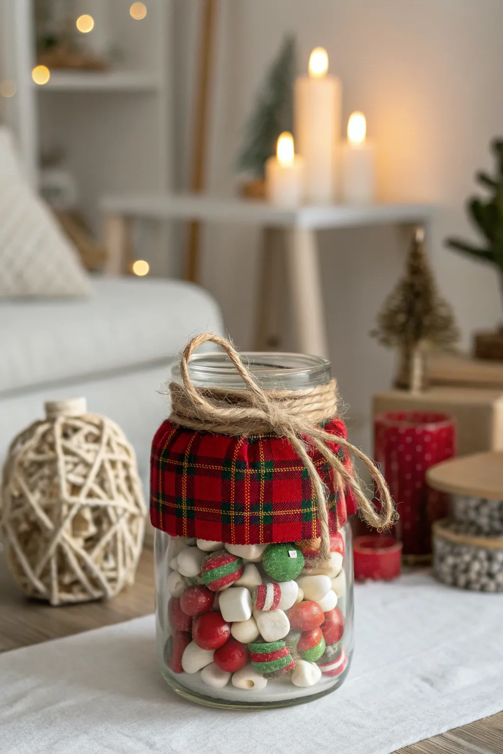 Add a touch of rustic charm to your holiday decor with this cozy plaid candy jar.