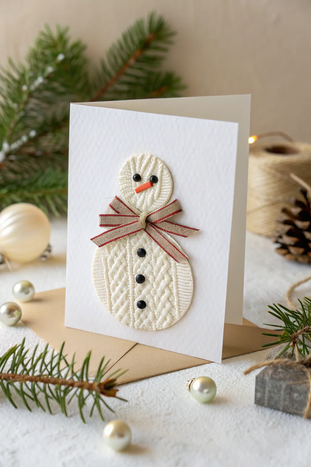 Craft a cozy holiday greeting with a ribbon snowman card, blending simplicity and charm.