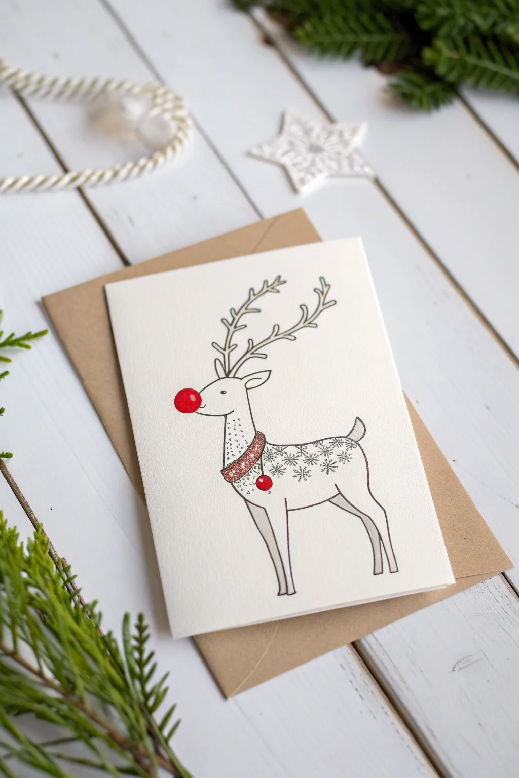 Capture the joy of the season with this adorable minimalist reindeer card, perfect for adding a playful touch to your holiday greetings.