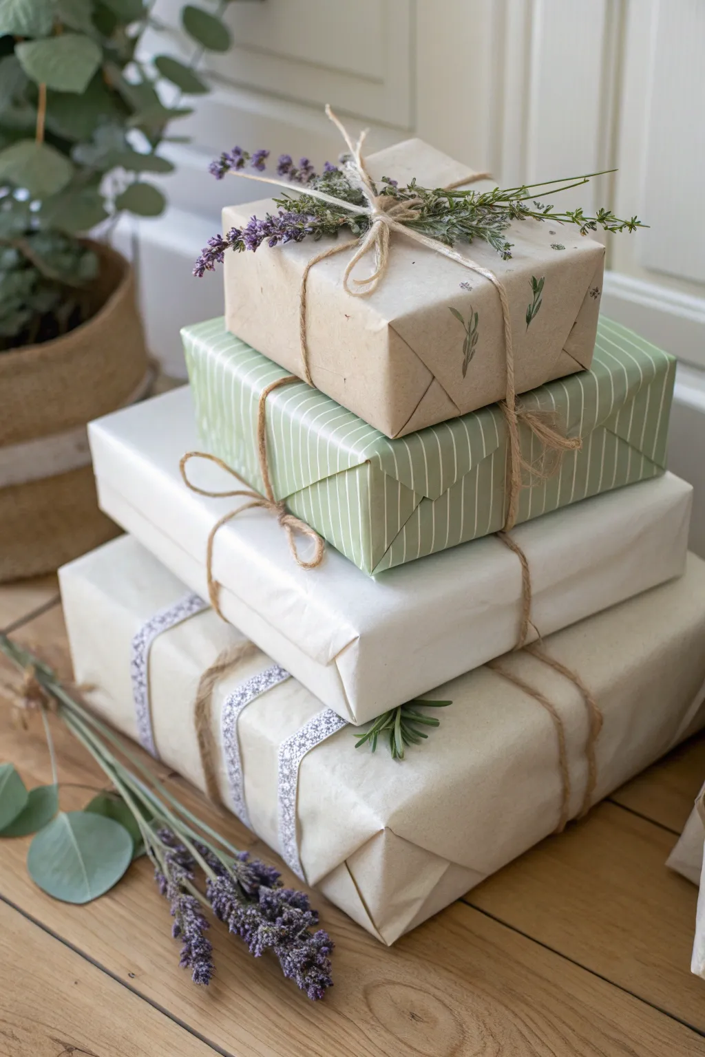 Elevate your gift-giving with a charming stack of beautifully wrapped presents, perfect for a Scandinavian-inspired holiday display.
