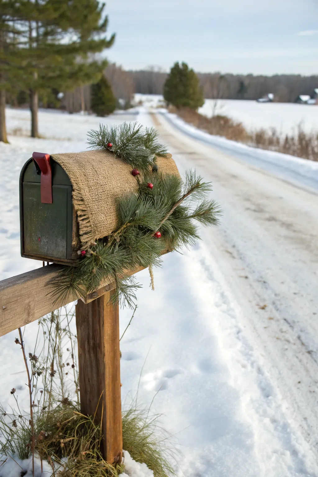 Achieve a country Christmas look with rustic pine and burlap.