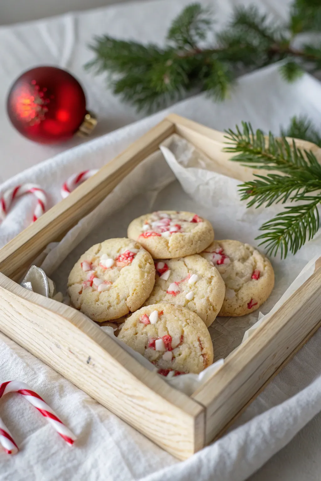Elevate your holiday treat boxes with a touch of festive elegance - crushed candy cane cookies in a minimalist design.