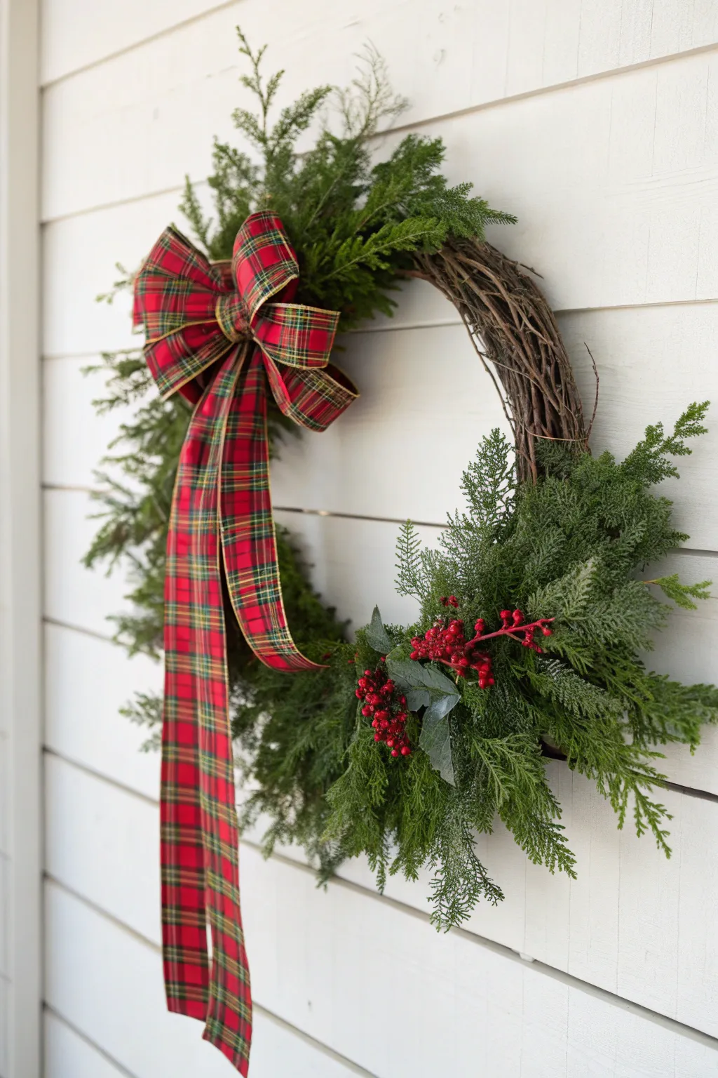 Embrace the cozy charm of plaid this Christmas with a wreath that combines tradition with minimalist elegance.