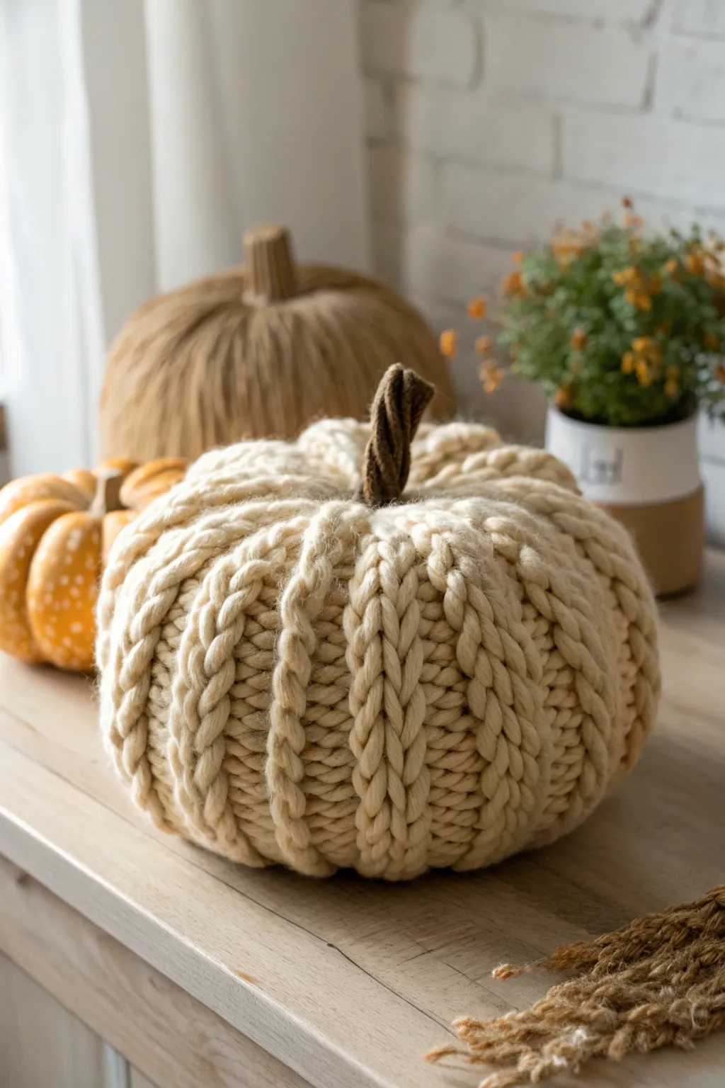 Cozy up your space with this charming knitted pumpkin, perfect for a simple yet elegant autumn touch.