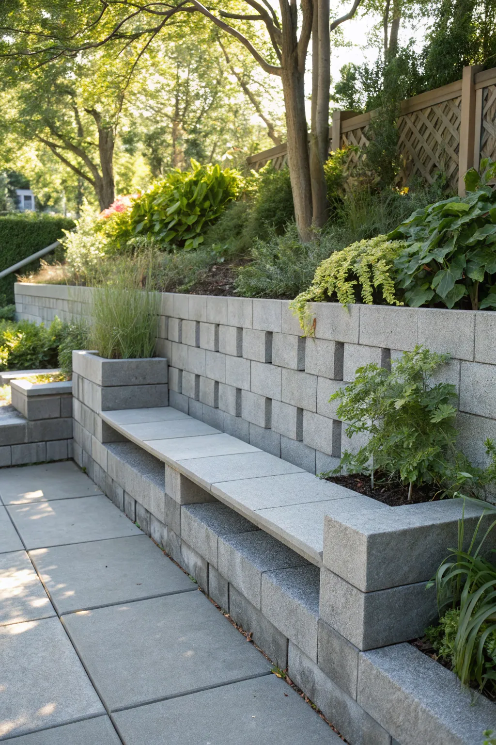 Transform your garden into a serene retreat with a stylish cinder block wall featuring built-in seating.