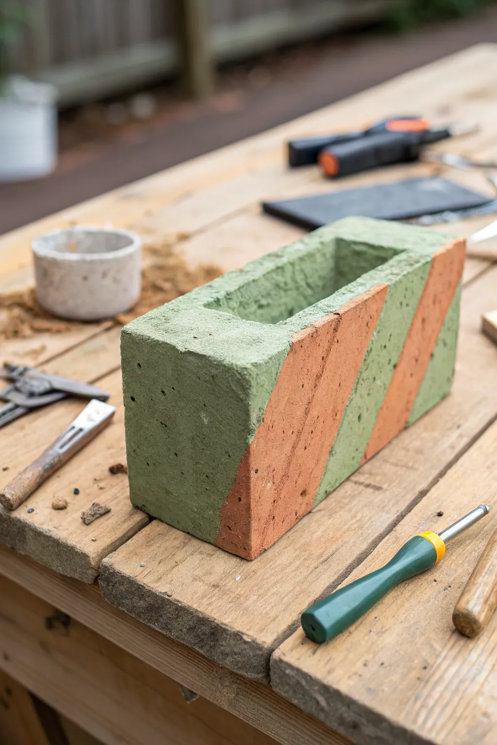Blend rustic charm with nature: cinder blocks in moss green and terracotta.