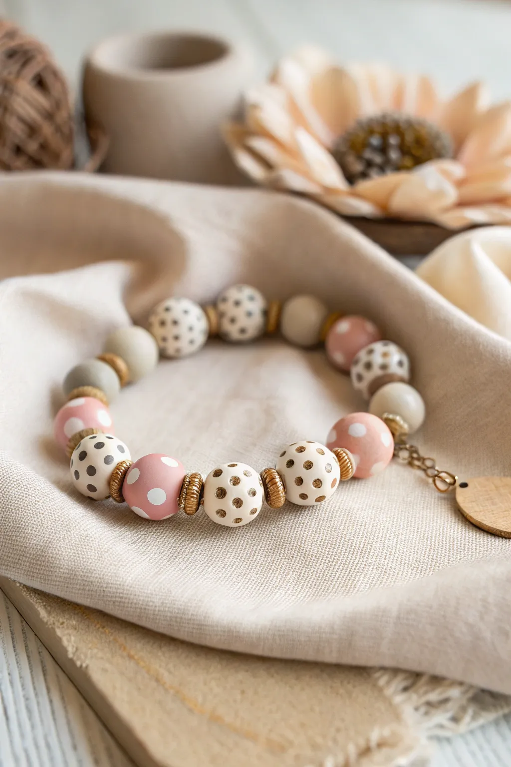 Add a playful touch to your style with whimsical polka-dotted clay beads!
