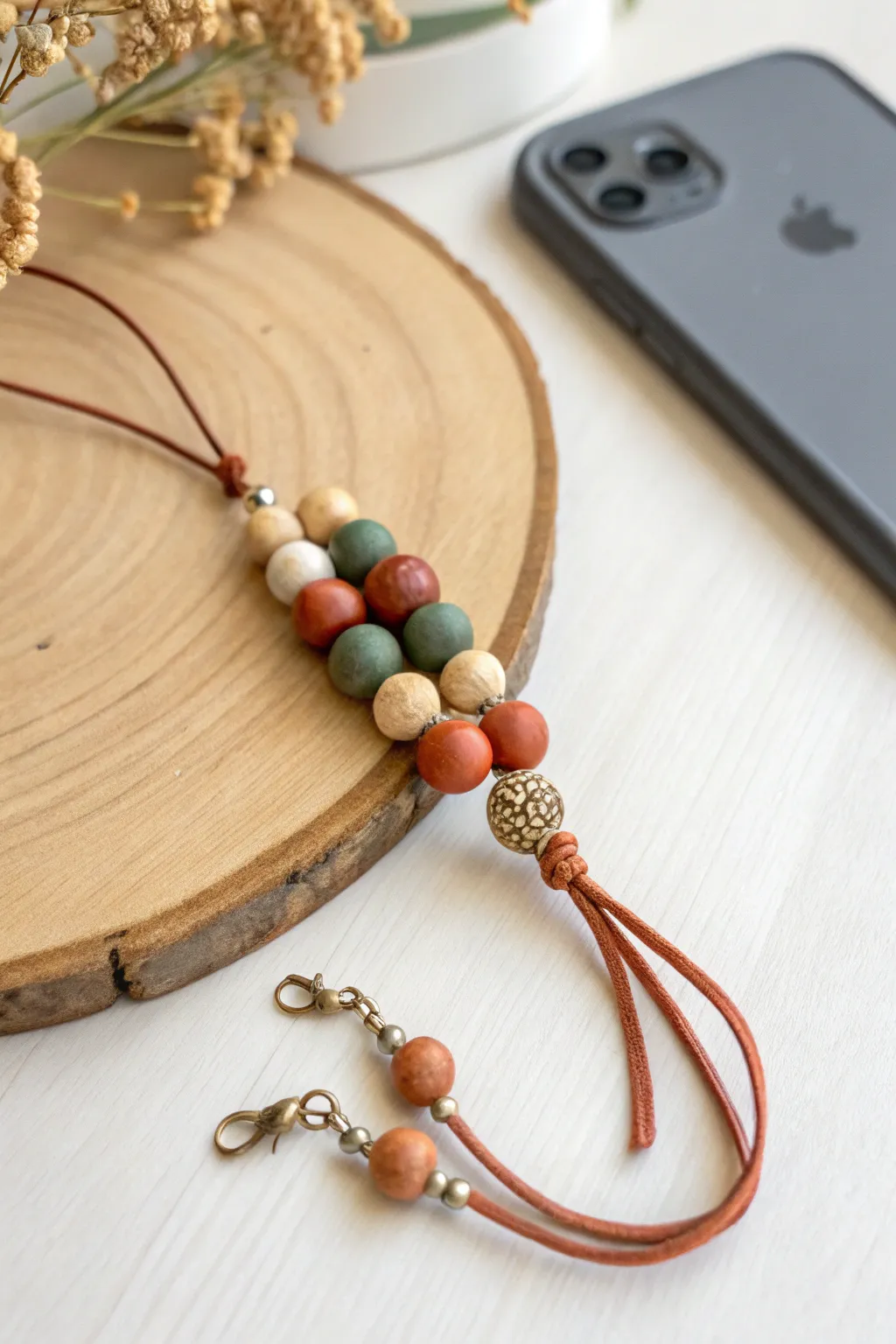 Embrace nature's palette with this earthy-toned clay bead phone charm, perfect for your outdoor adventures.