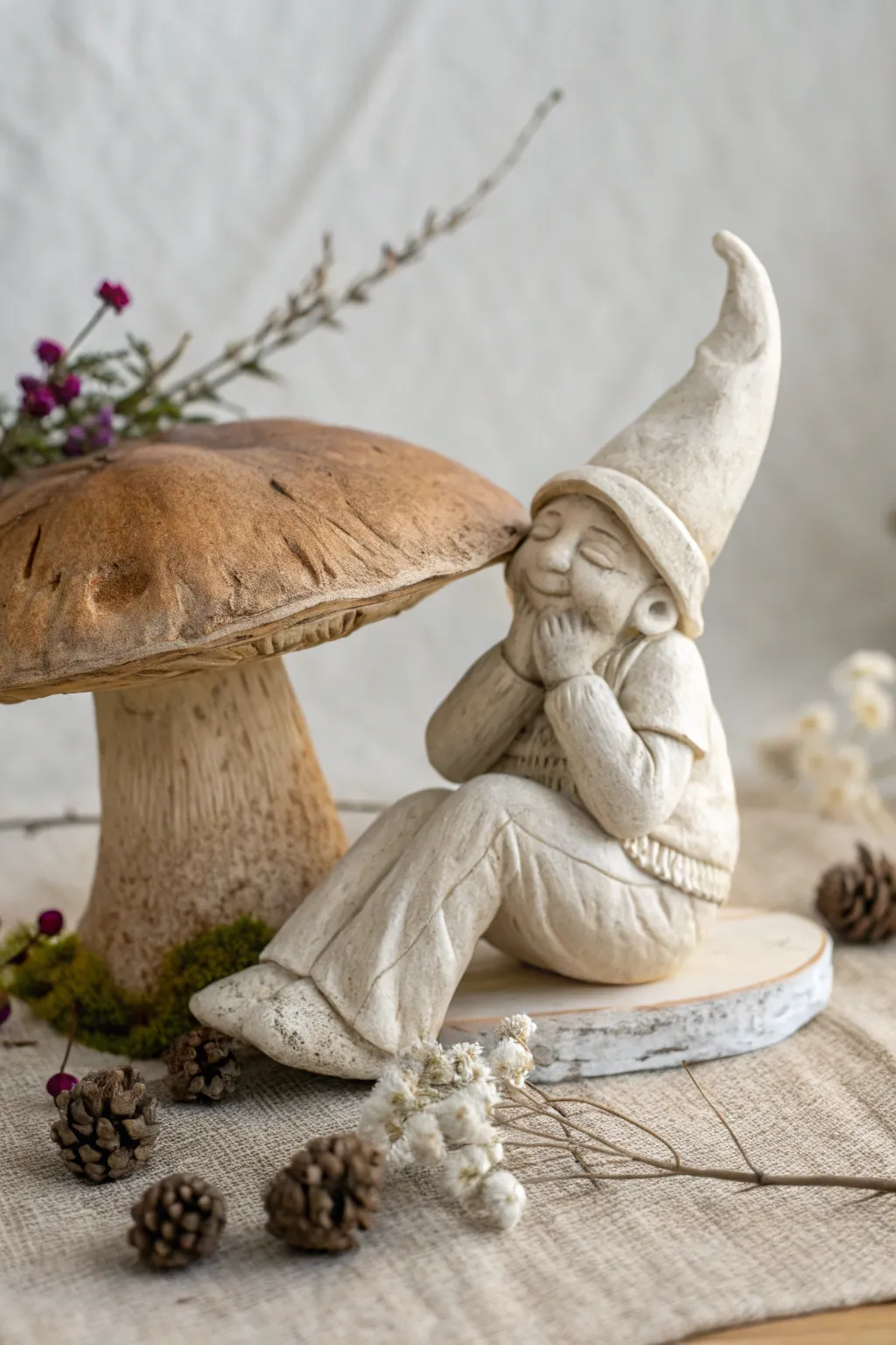 Add a touch of whimsy to your decor with this charming lounging clay gnome.
