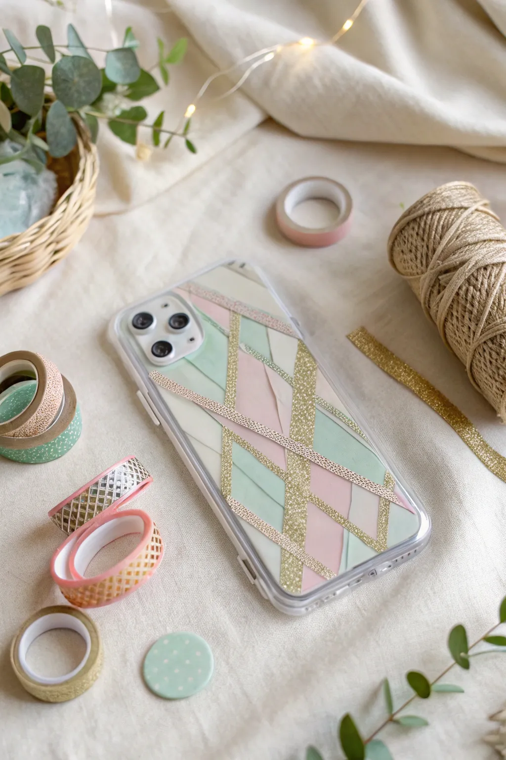 Craft your style: Transform a simple clear phone case into a personalized masterpiece with washi tape and decorative paper.