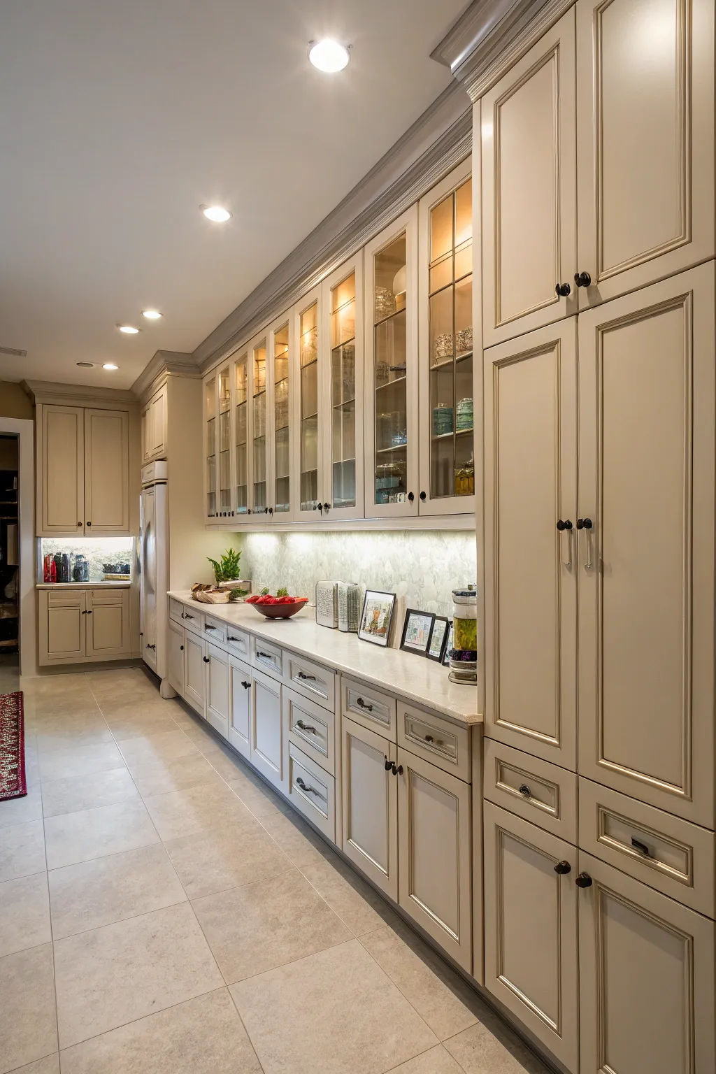 Tall cabinets provide ample storage in a closed kitchen.
