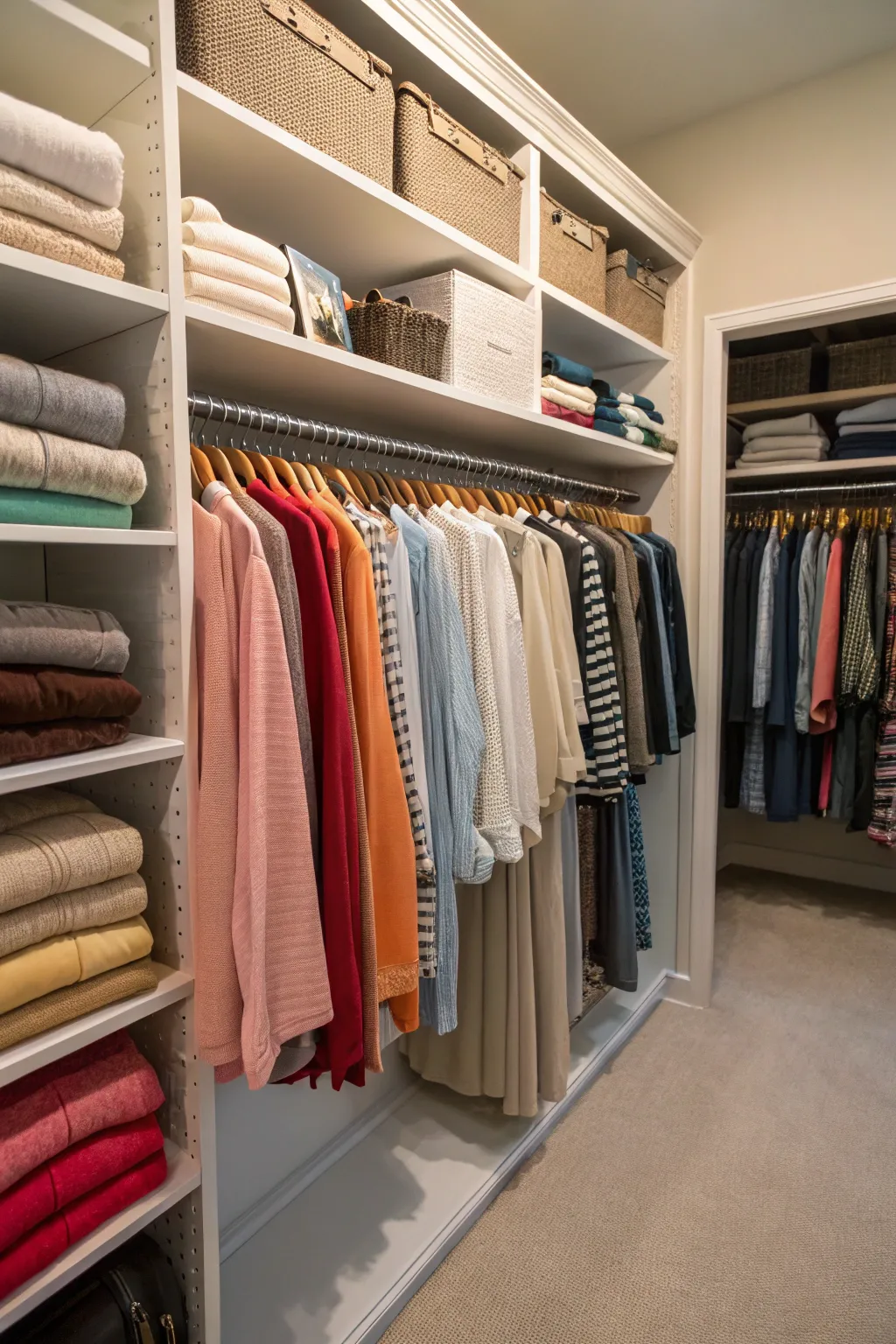 Neatly organized closet with clothes sorted by type and color.