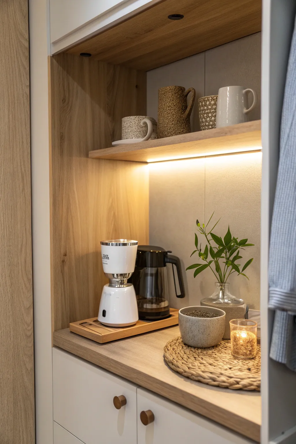 Brighten your mornings with the perfect glow from under-cabinet lighting in your minimalist coffee nook.