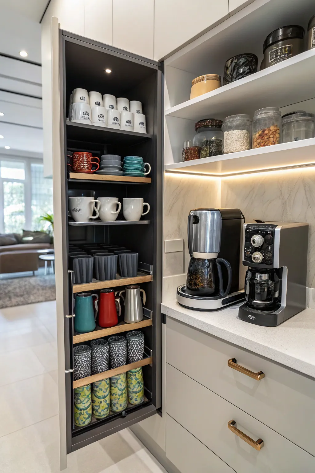 A coffee cupboard keeps your essentials organized and hidden.